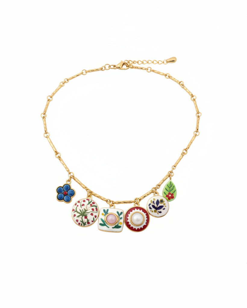 COLLANA CHARMS SMALTATI SU CATENA ORO A BASTONCINI COL. ORO