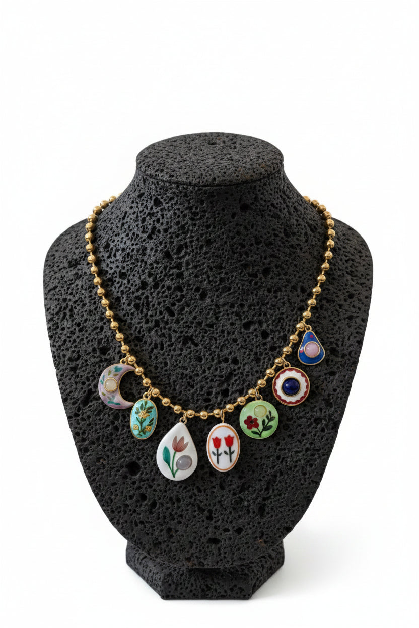 COLLANA LUNA MINISFERE ORO CON CIONDOLI SMALTATI FLOREALI