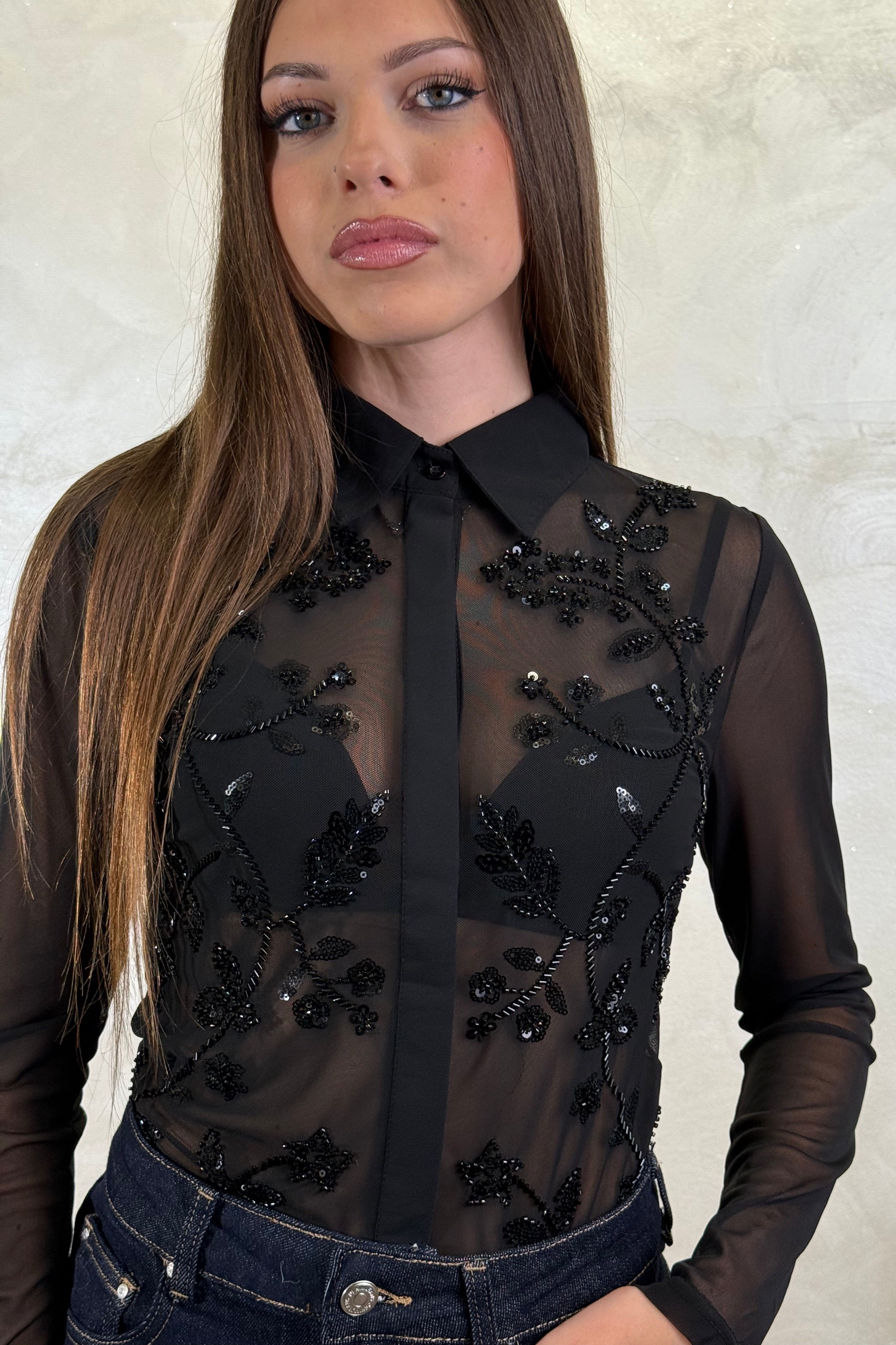 CAMICIA BODY IN TULLE RICAMATO COL. NERO