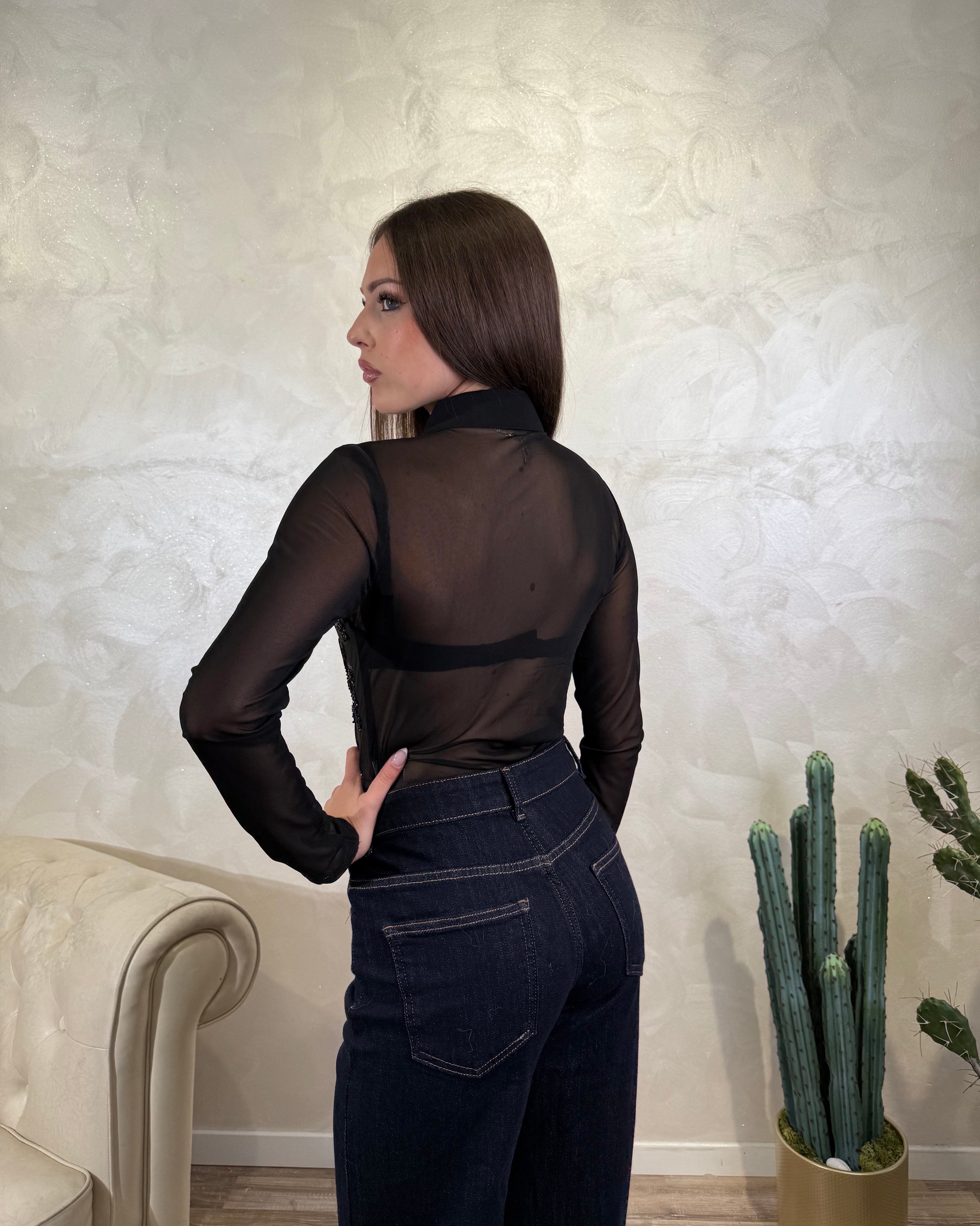 CAMICIA BODY IN TULLE RICAMATO COL. NERO
