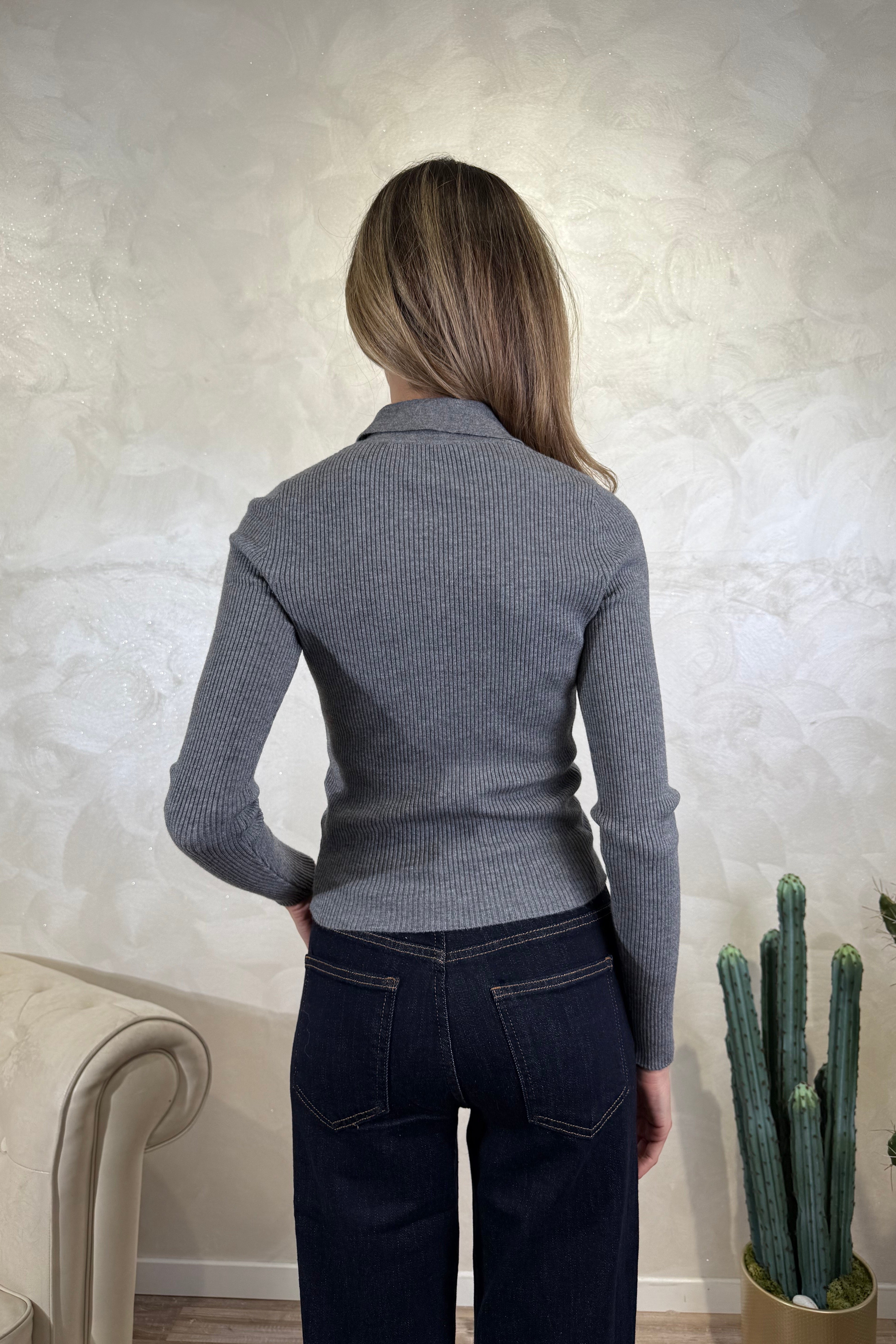 CARDIGAN A POLO COL.GRIGIO