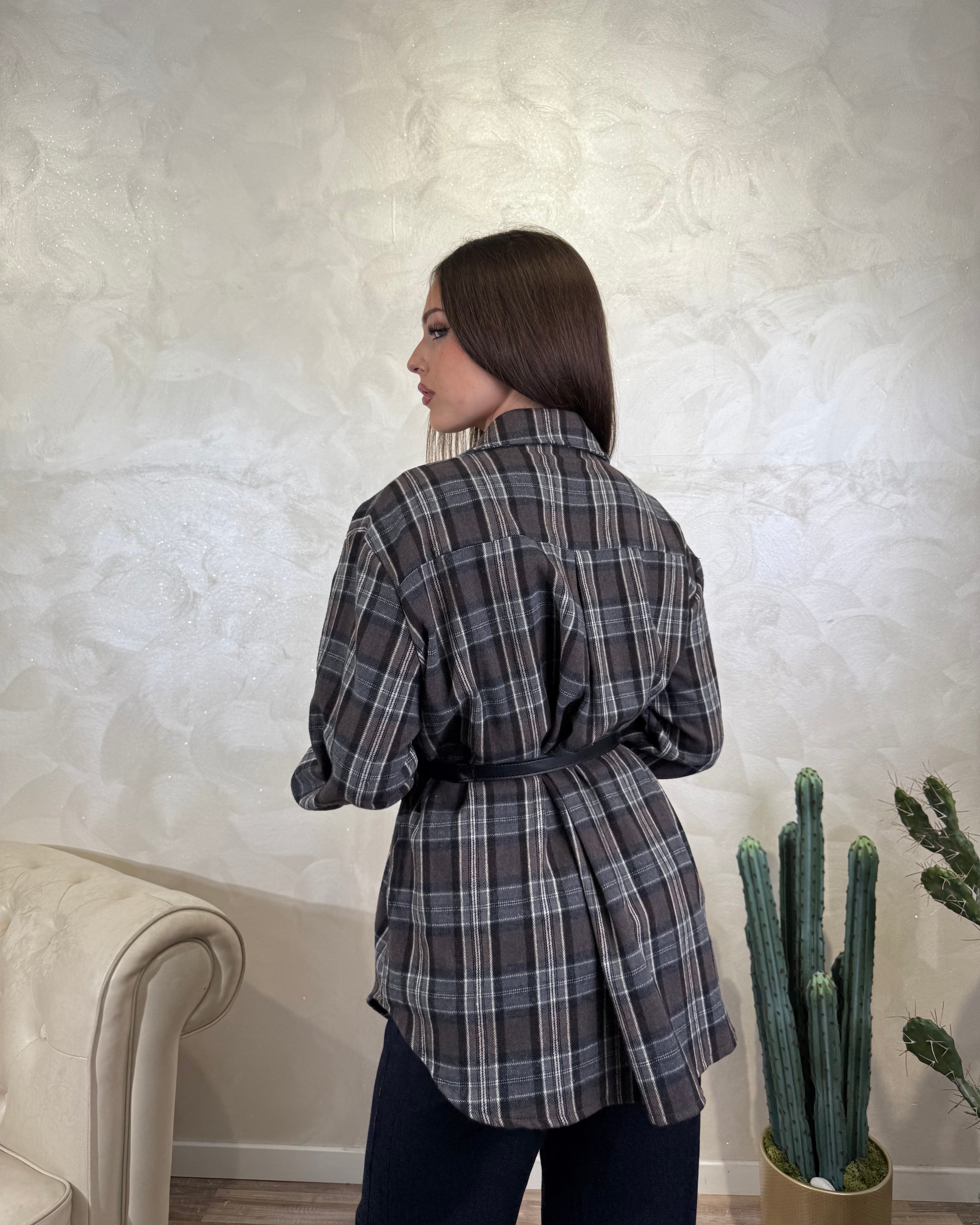 CAMICIA OVER CHECK CON CINTURA COL. GRIGIO