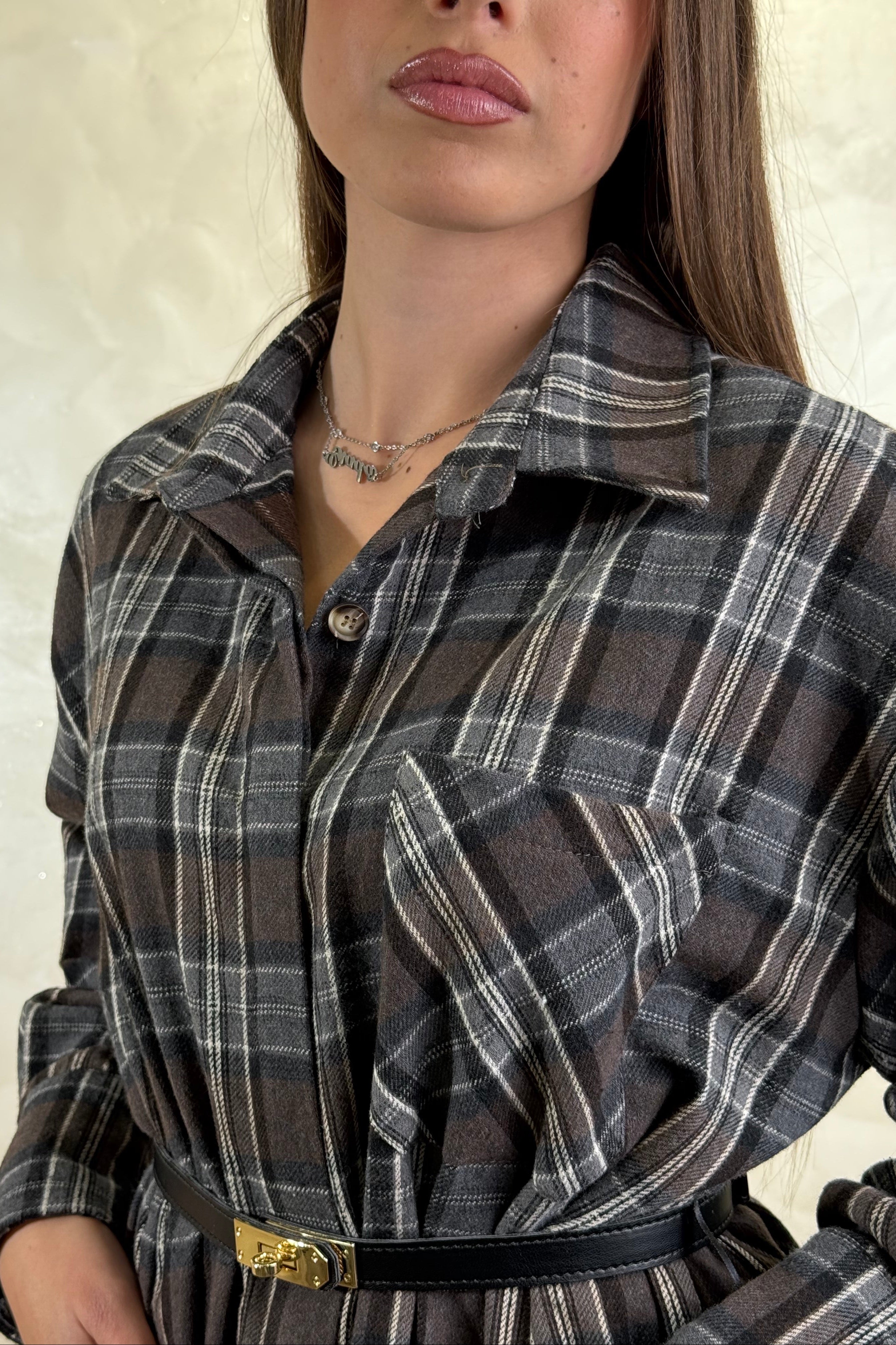 CAMICIA OVER CHECK CON CINTURA COL. GRIGIO