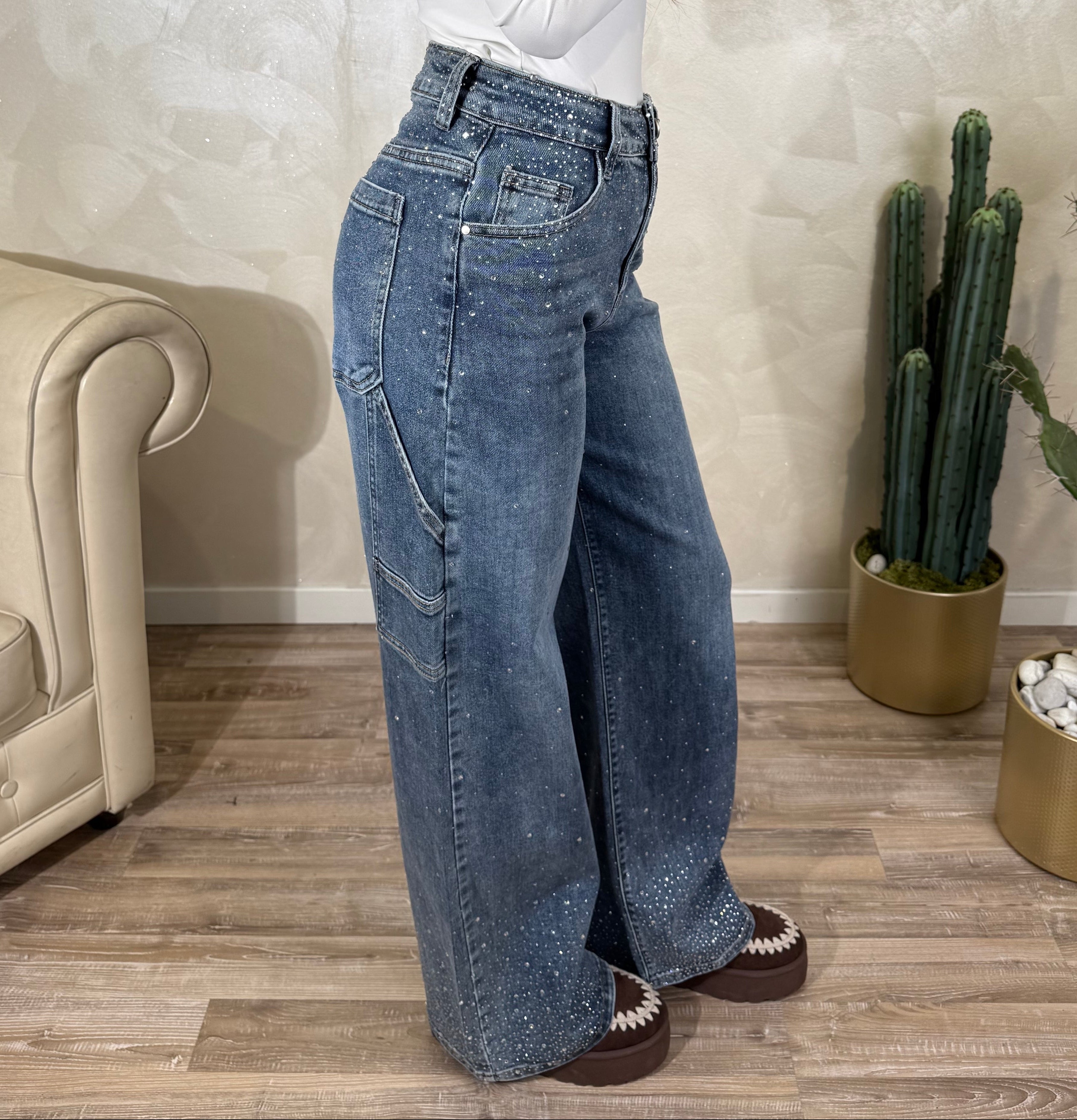 JEANS WORKER CON STRASS COL. DENIM CHIARO