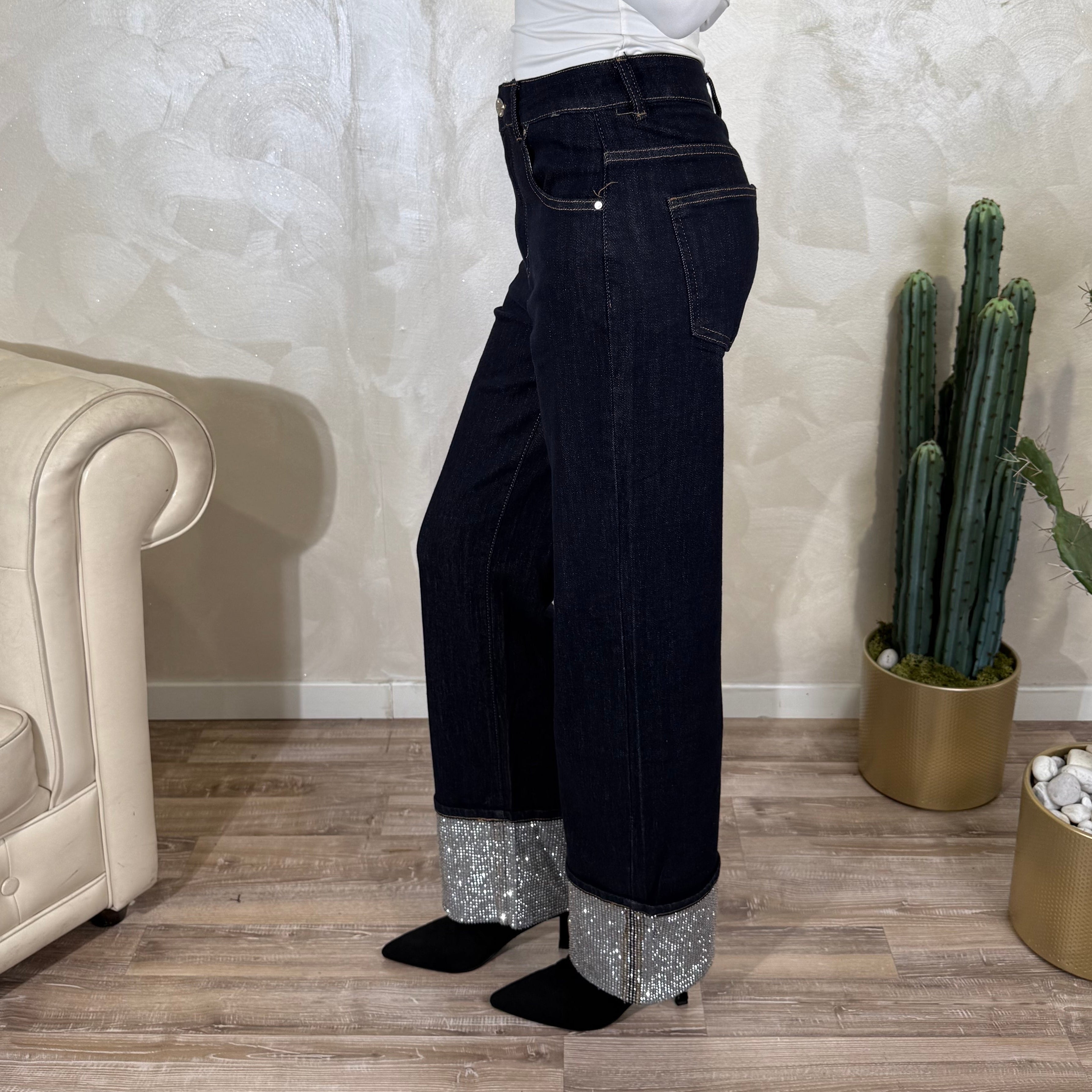 JEANS RISVOLTO CON STRASS COL. DENIM SCURO