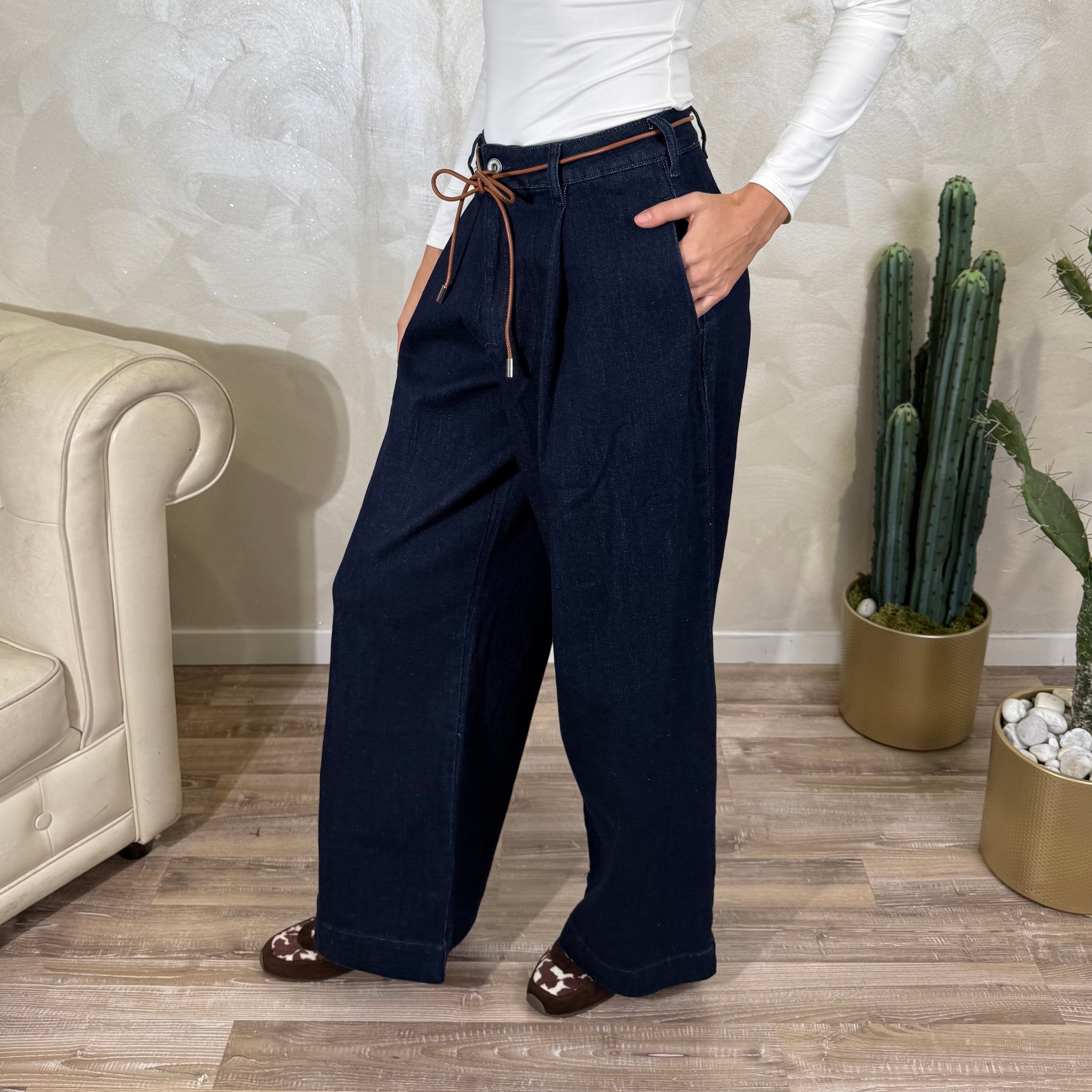 JEANS PINCES CON CINTURA A CORDINO COL.DENIM SCURO