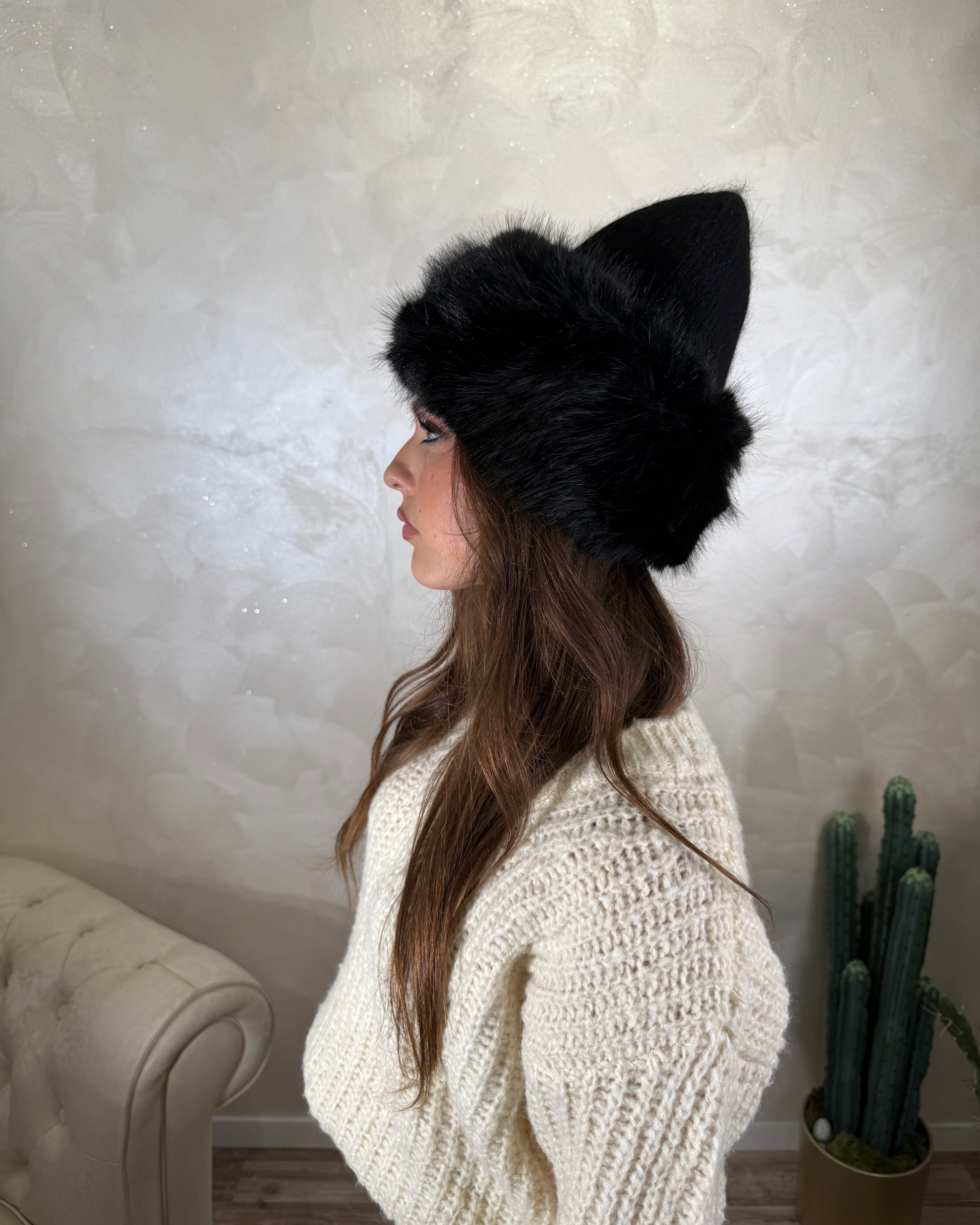 CAPPELLINO CUFFIA CON BORDO ECOPELLICCIA COL. NERO