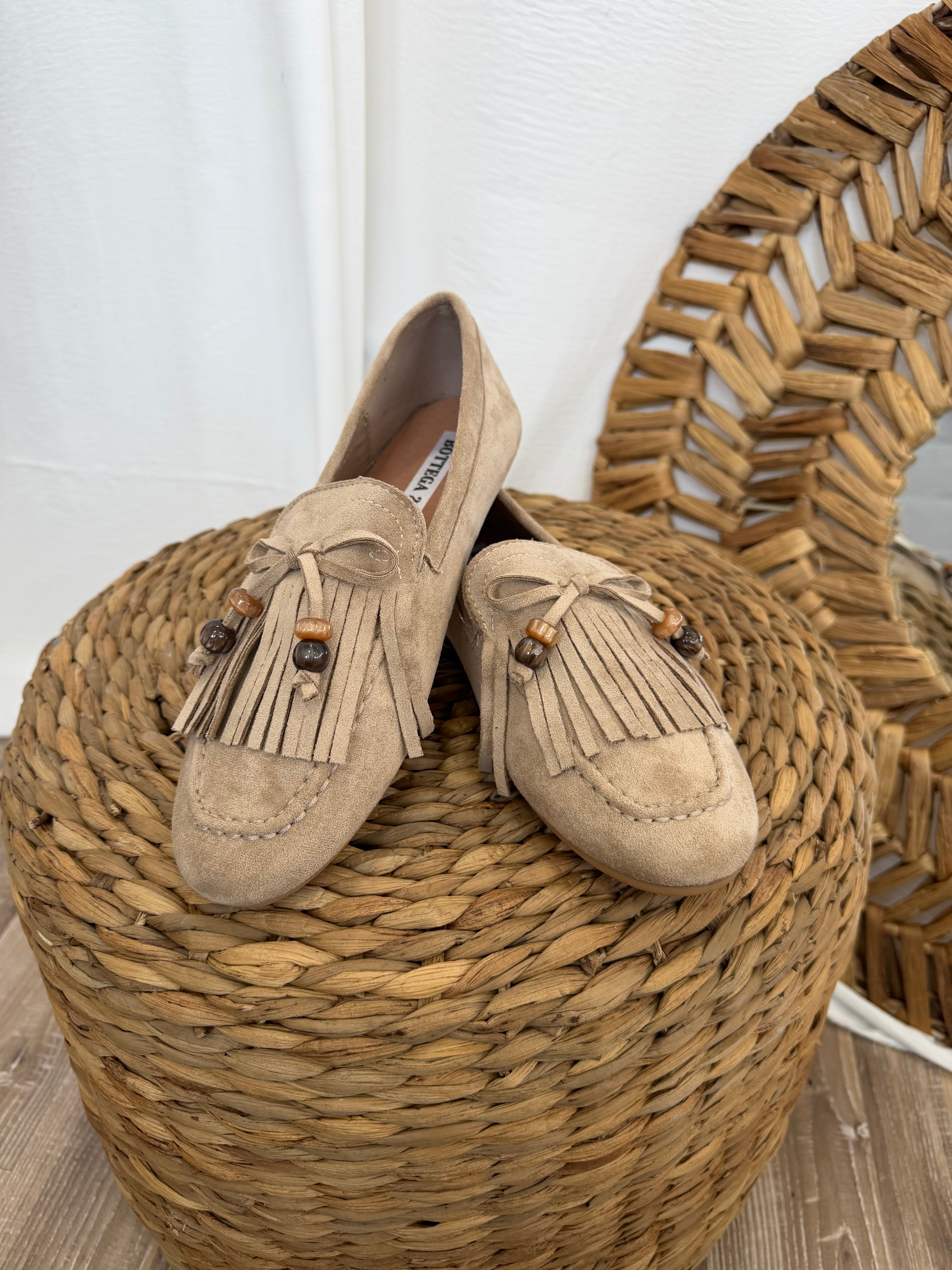 SCARPA MOCASSINI DONNA SCAMOSCIATI FRANGE COL KHAKI