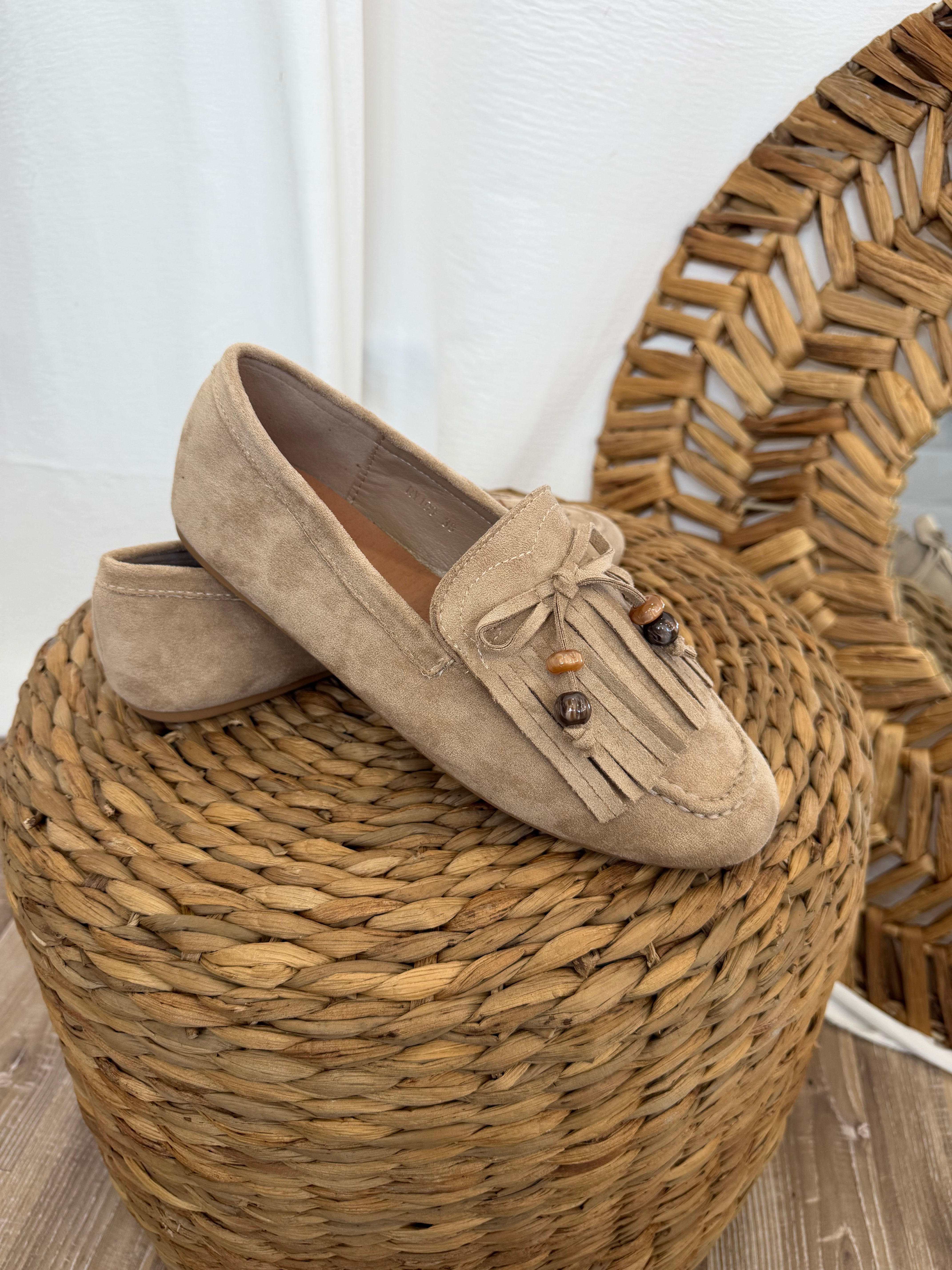 SCARPA MOCASSINI DONNA SCAMOSCIATI FRANGE COL KHAKI