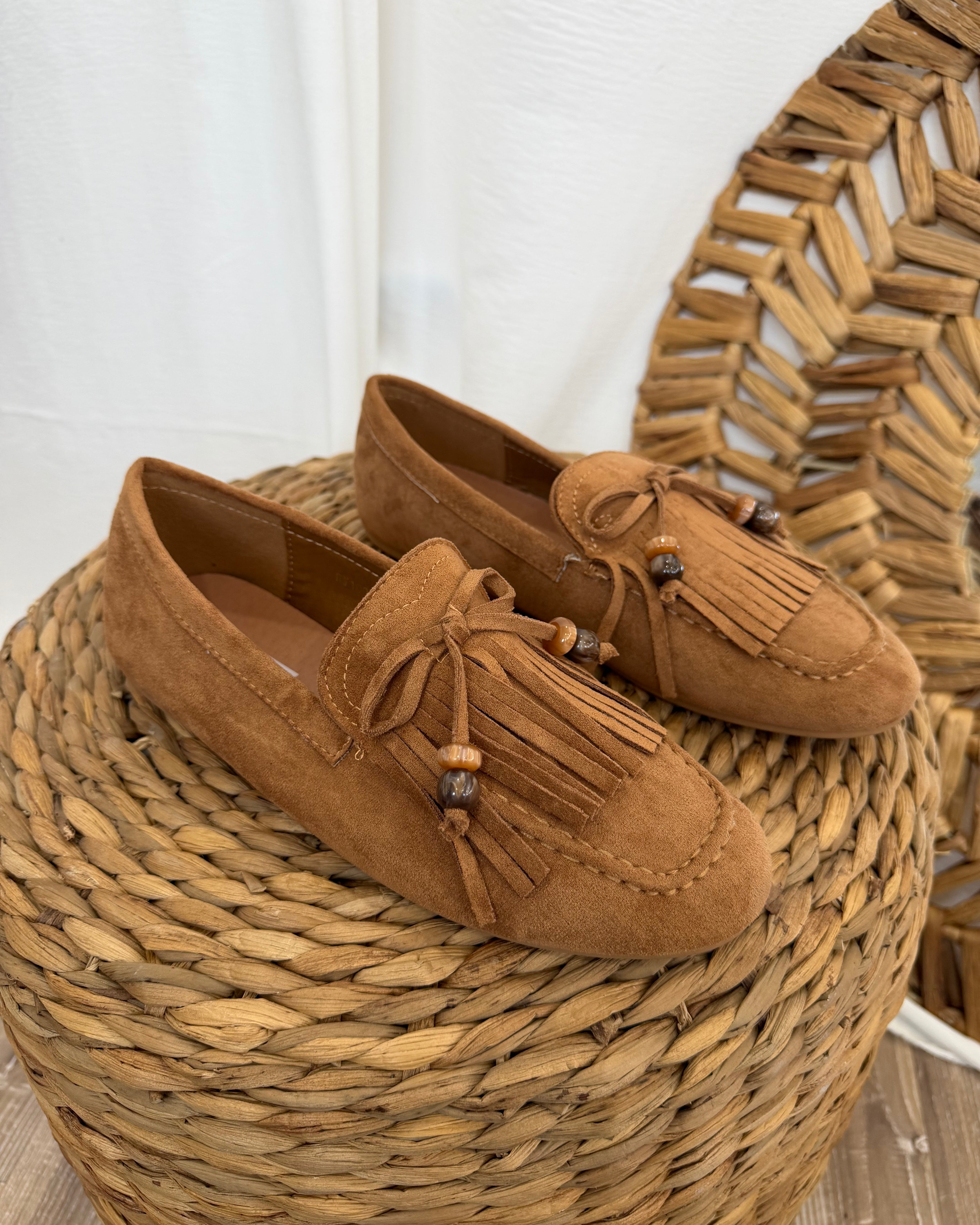 SCARPA MOCASSINI DONNA SCAMOSCIATI FRANGE COL CAMEL