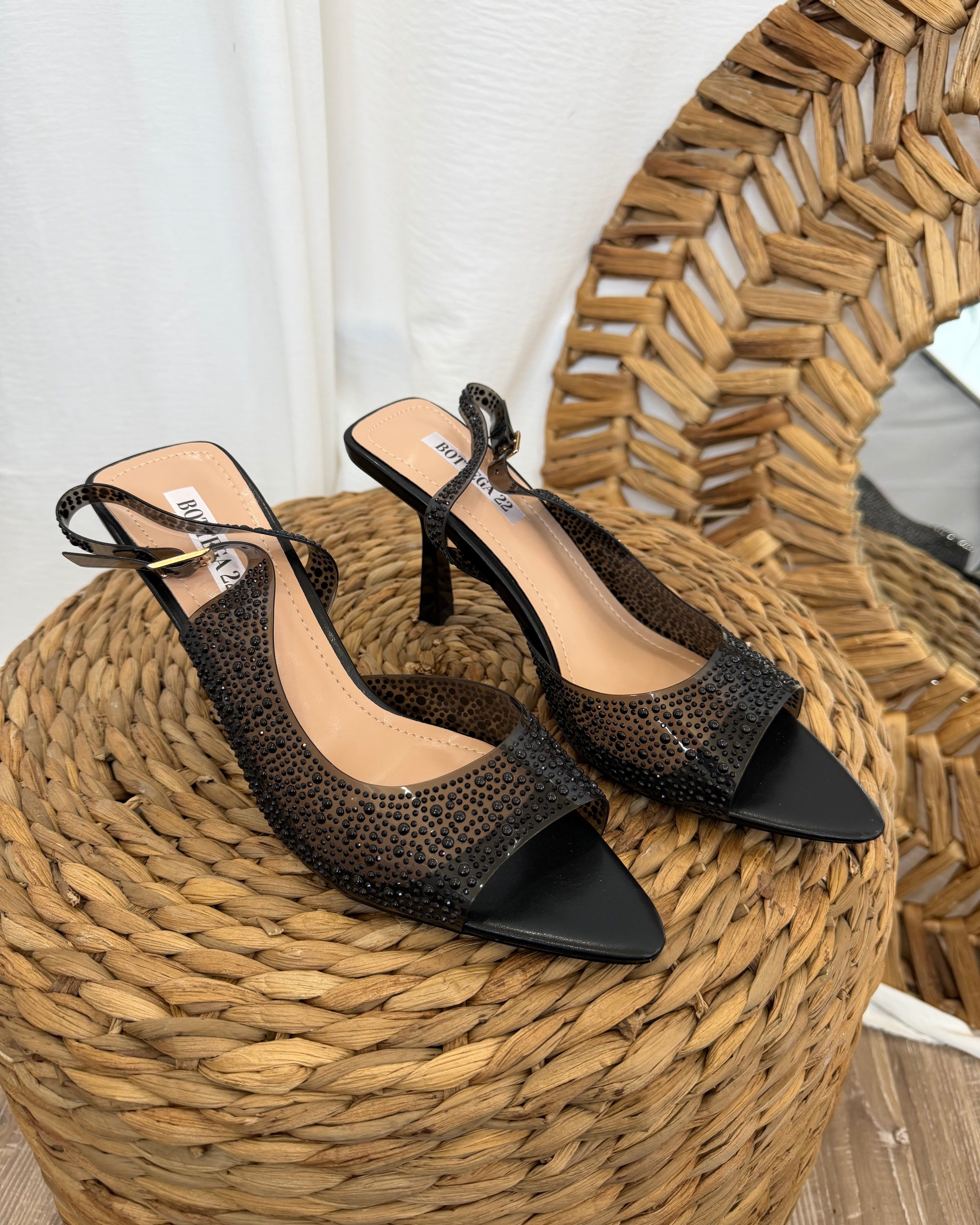 SLINGBACK TRASPARENTE CON DETTAGLI STRASS TONO SU TONO PUNTA AFFUSOLATA COL.NERO
