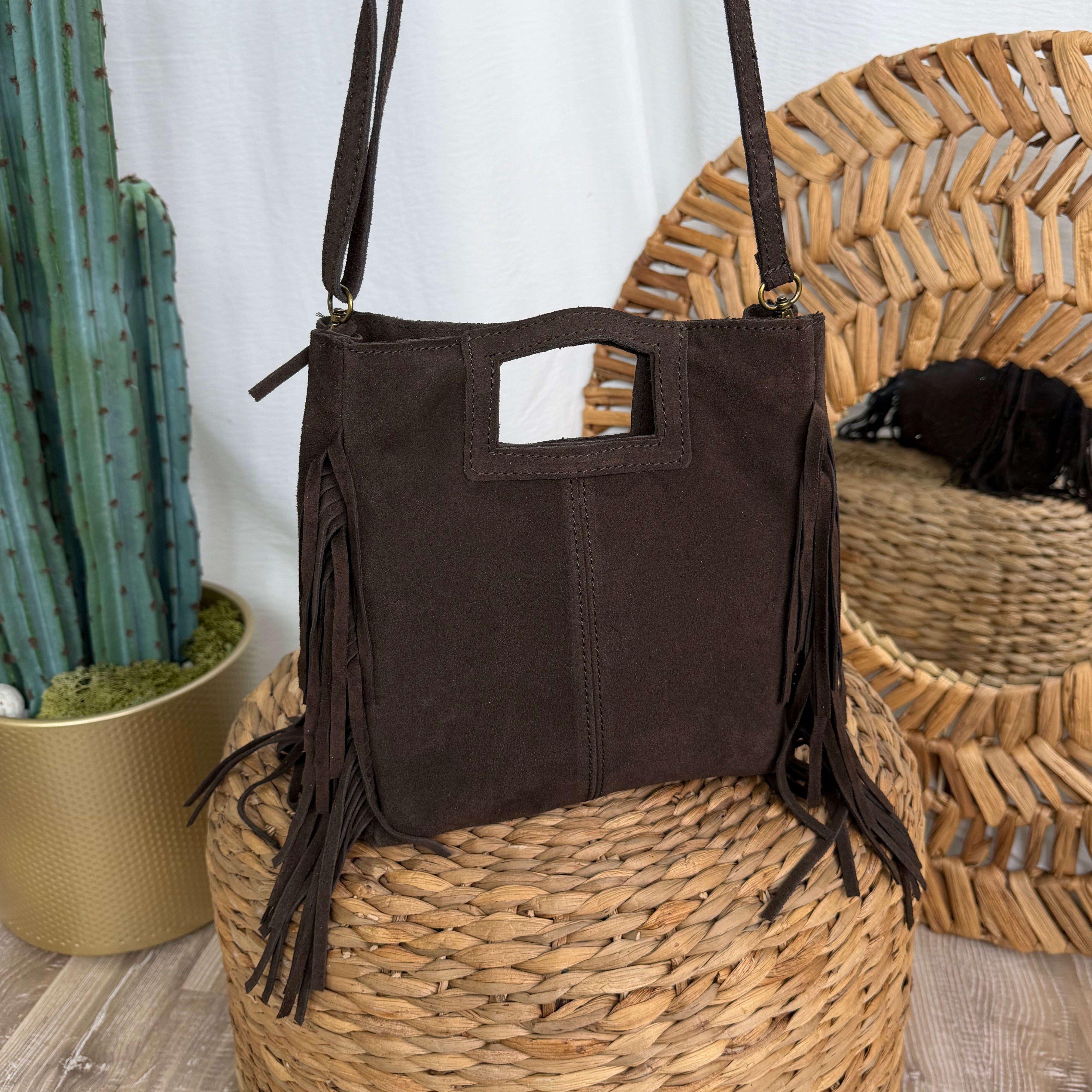 BORSA IN VERA PELLE SCAMOSCIATA CON FRANGE COL. MORO