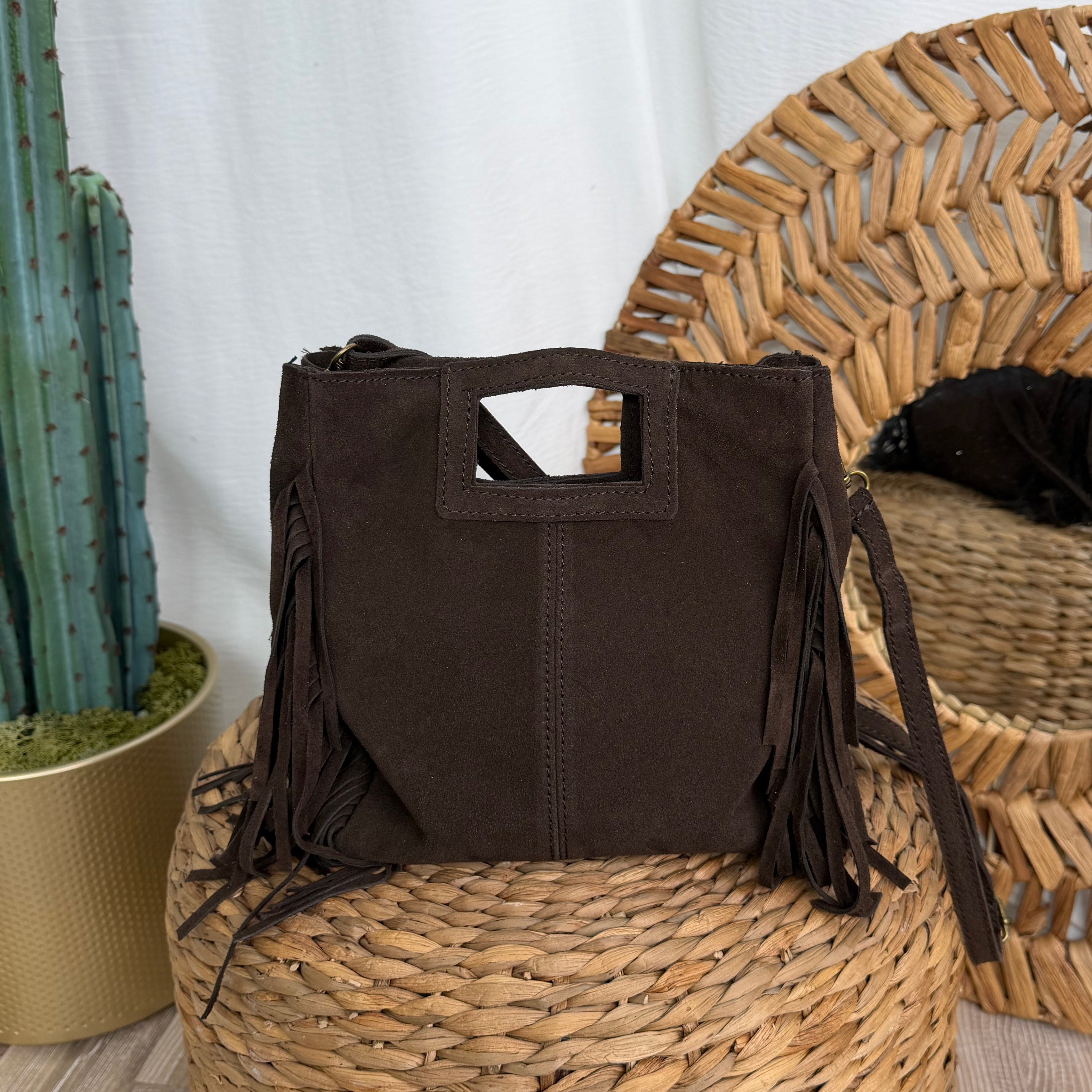BORSA IN VERA PELLE SCAMOSCIATA CON FRANGE COL. MORO