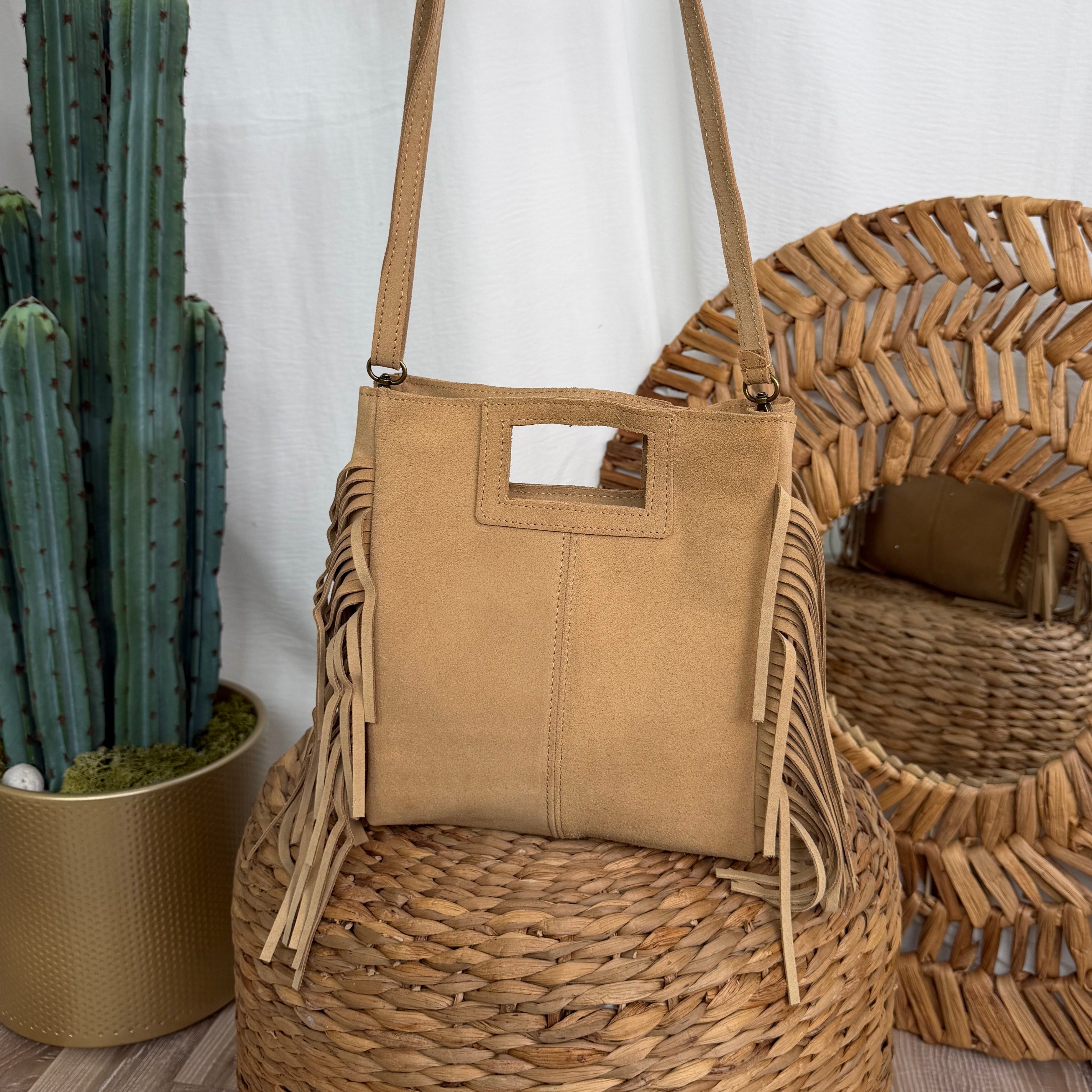 BORSA IN VERA PELLE SCAMOSCIATA CON FRANGE COL. SAFARI