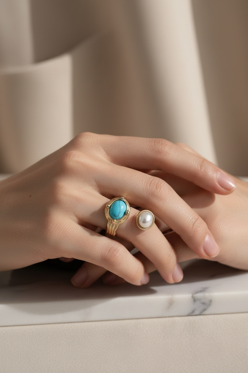 ANELLO ORO CON PIETRA TURCHESE E PERLA