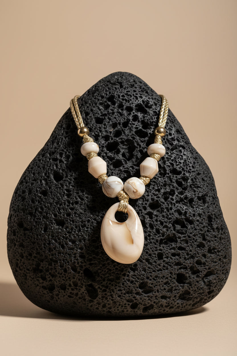COLLANA CORDA INTRECCIATA BICOLOR CON VARI ELEMENTI EFFETTO MARMO VENATO