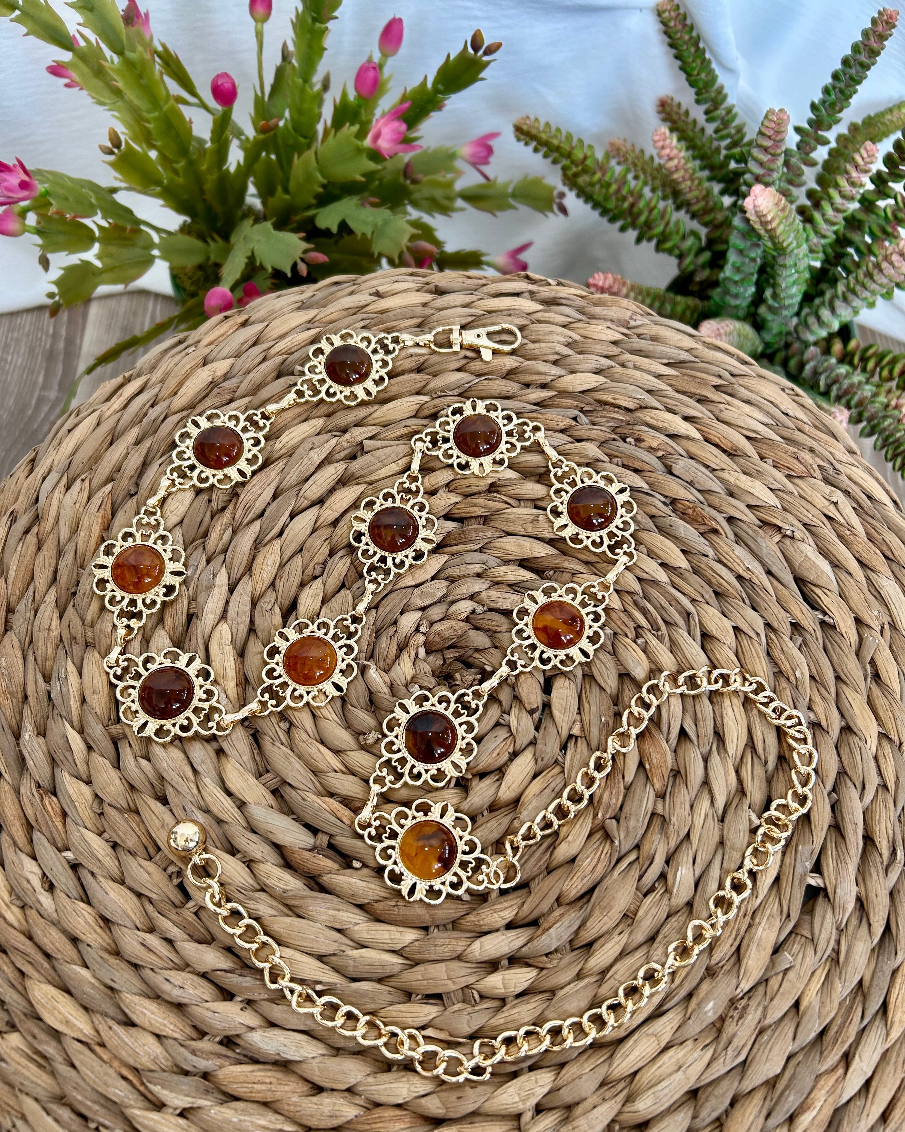 CINTURA DORATA FLOREALE CON PIETRE AMBRATE COL - ORO
