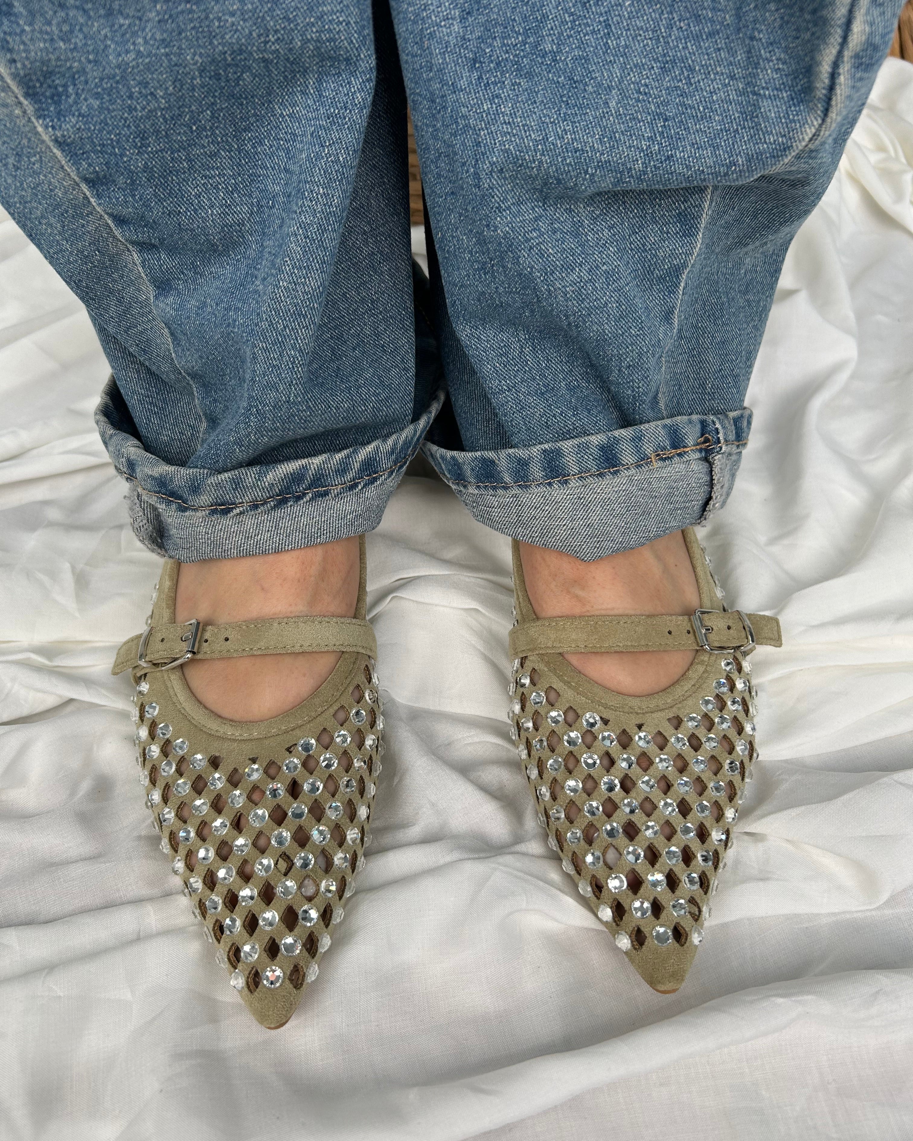 BALLERINA INTRECCIATA CON BORCHIE STRASS E CINTURINO COL.LIGHT GREEN