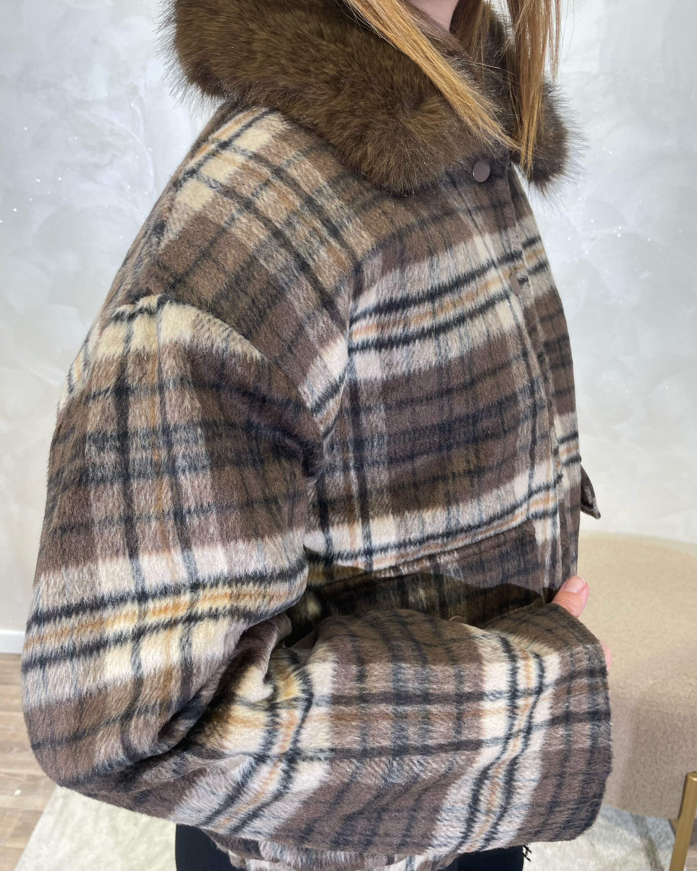 GIACCONE ANNA CHECK CON COLLO ECO-PELLICCIA COL.MORO