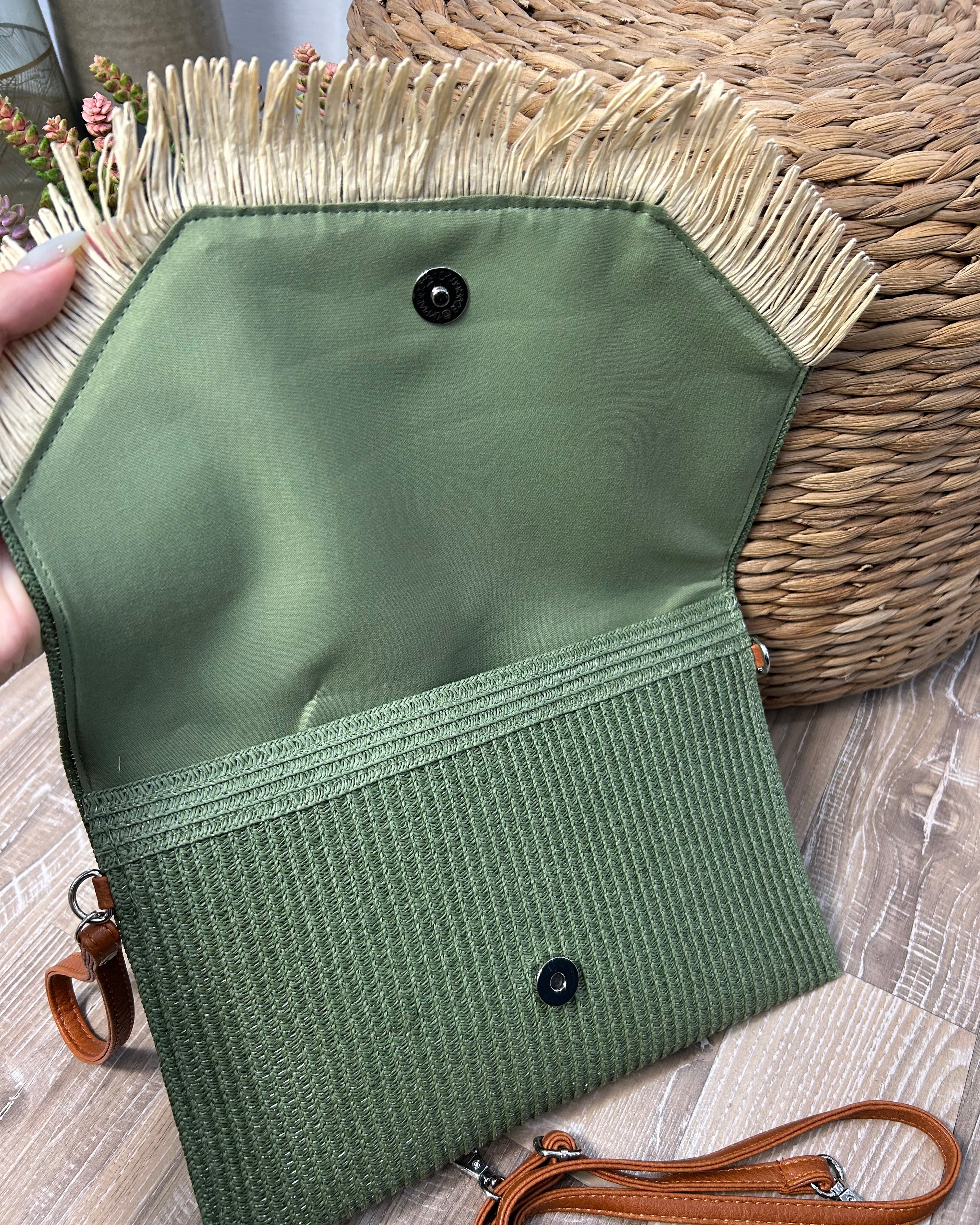 POCHETTE RAFIA FRANGE CON LACCIO ECOPELLE PER POLSO E TRACOLLA COL. SALVIA