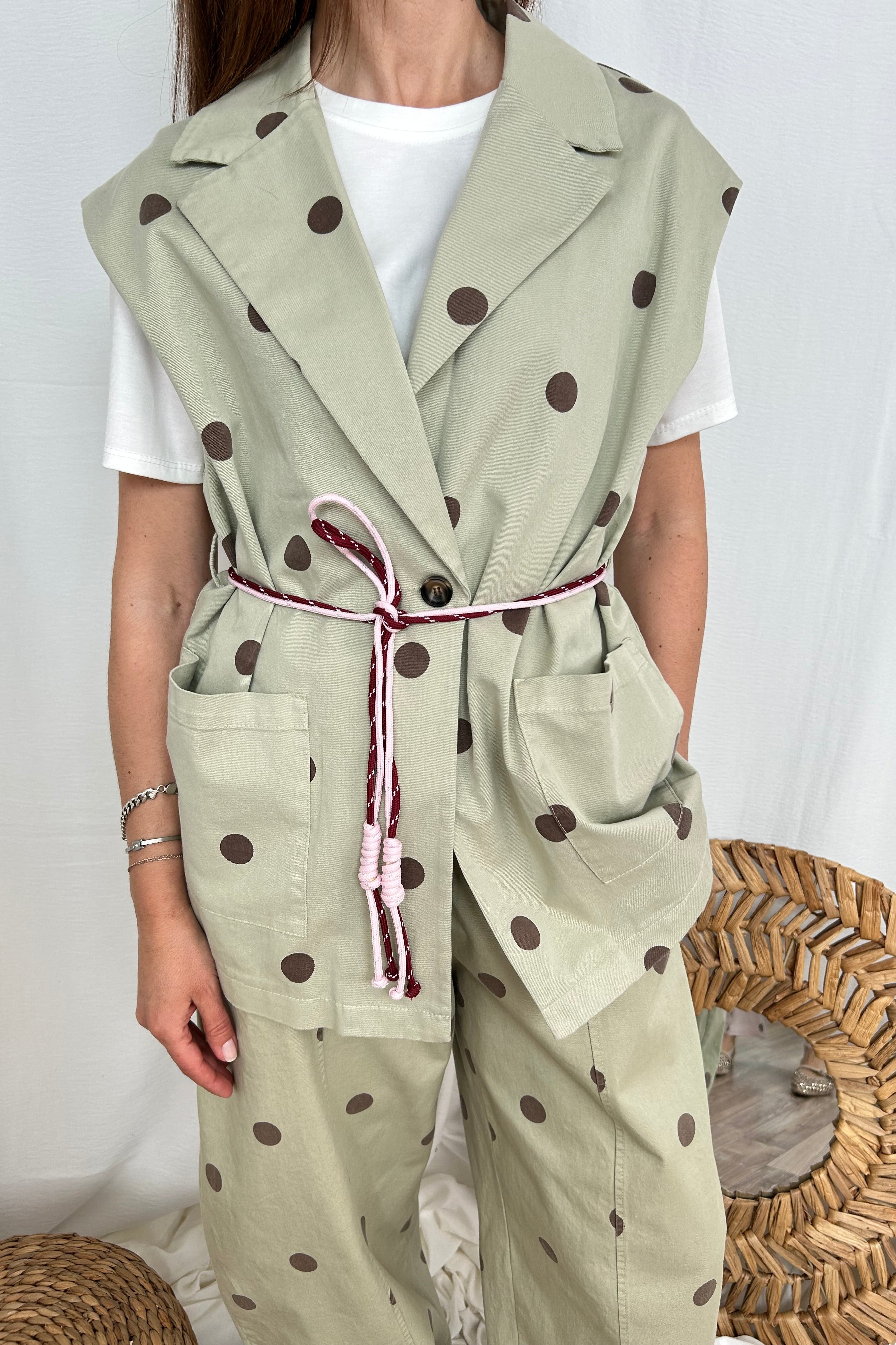 GILET GIACCA SMANICATO A POIS COL. VERDE SALVIA