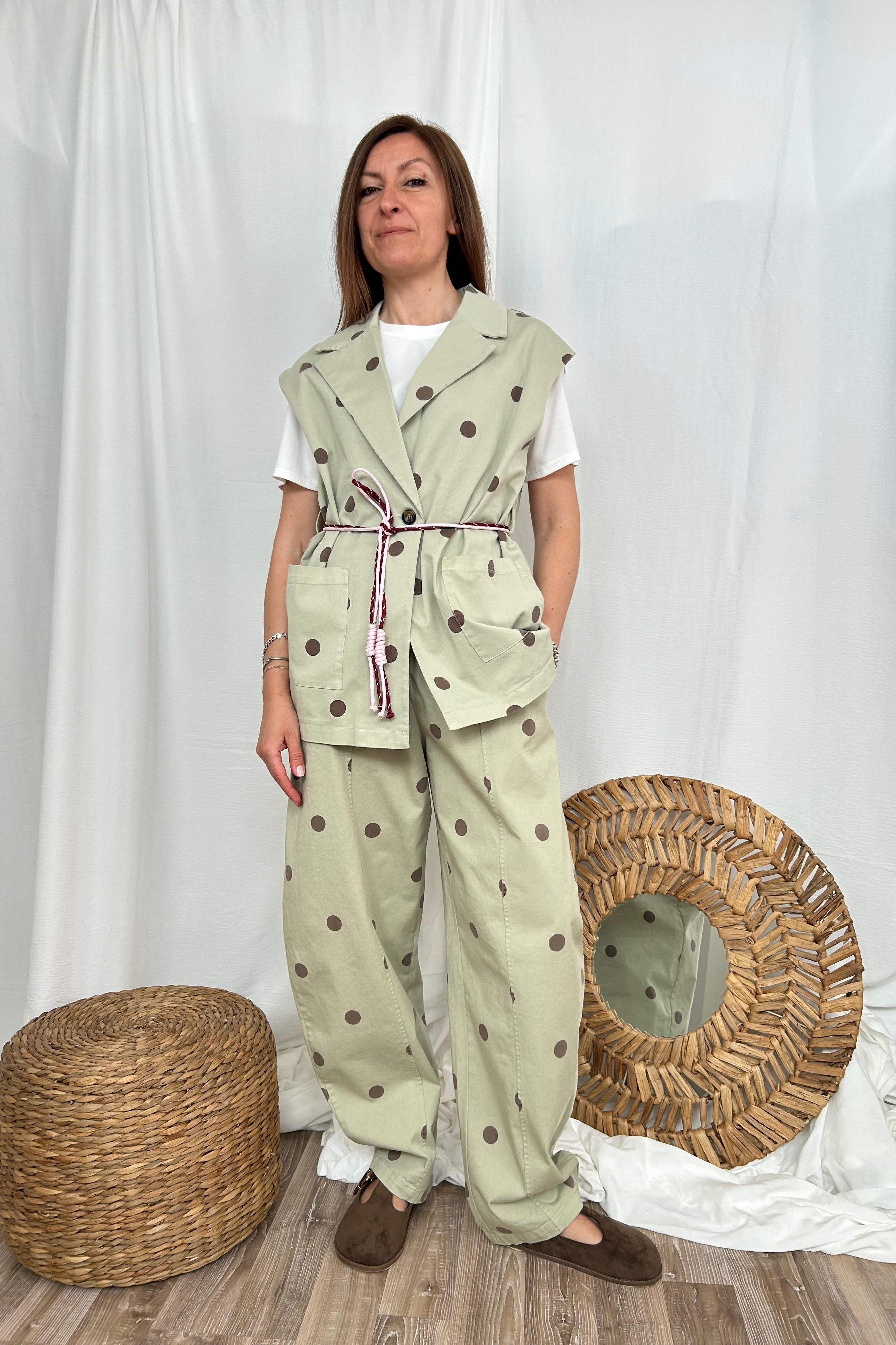 GILET GIACCA SMANICATO A POIS COL. VERDE SALVIA