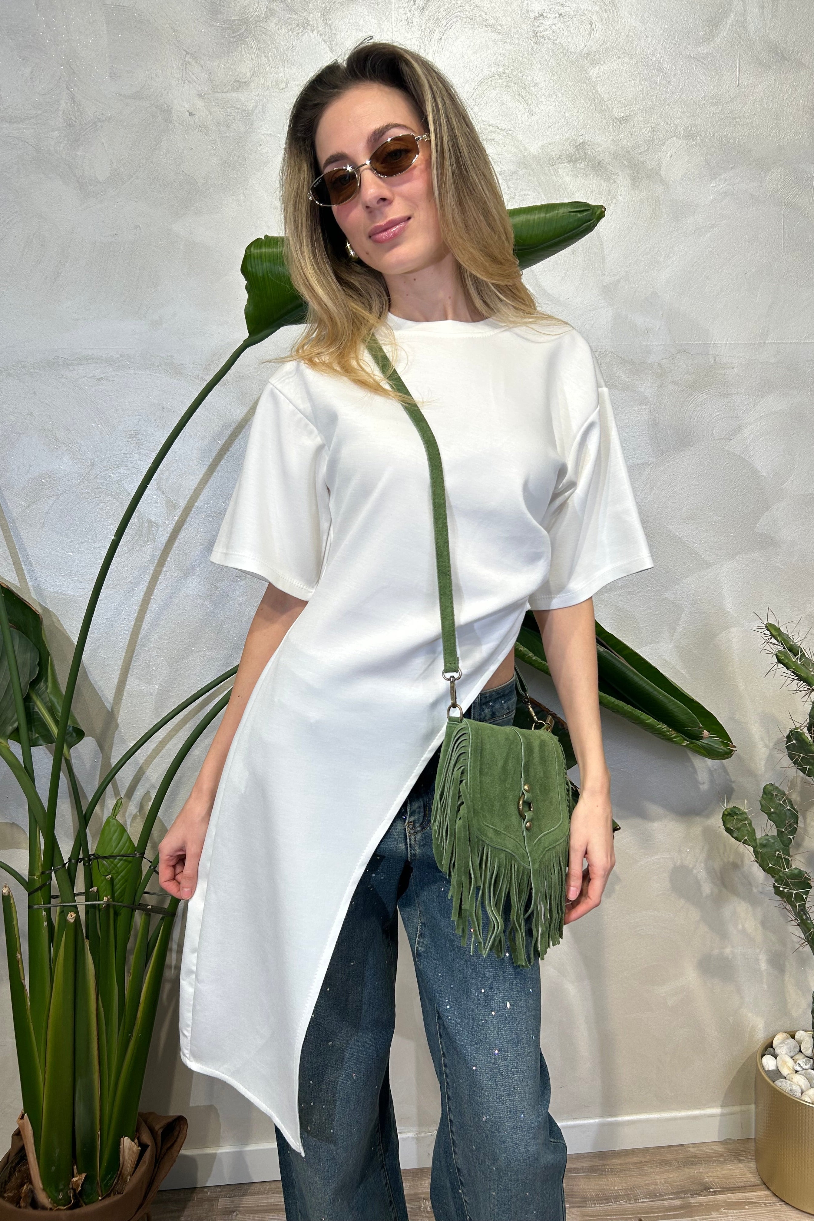 BORSA IN VERA PELLE SCAMOSCIATA CON FRANGE E TRACOLLA COL.VERDE