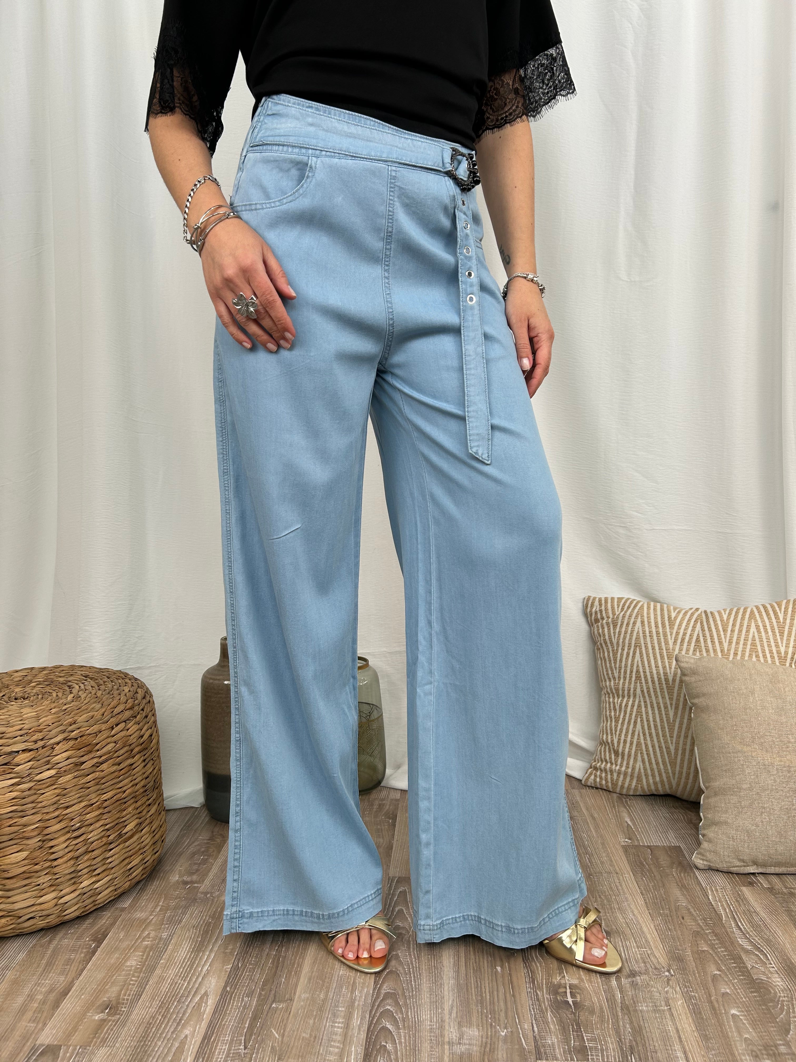 PANTALONI IN CHAMBRAY CON CINTURA DECORATIVA COL. CHIARO