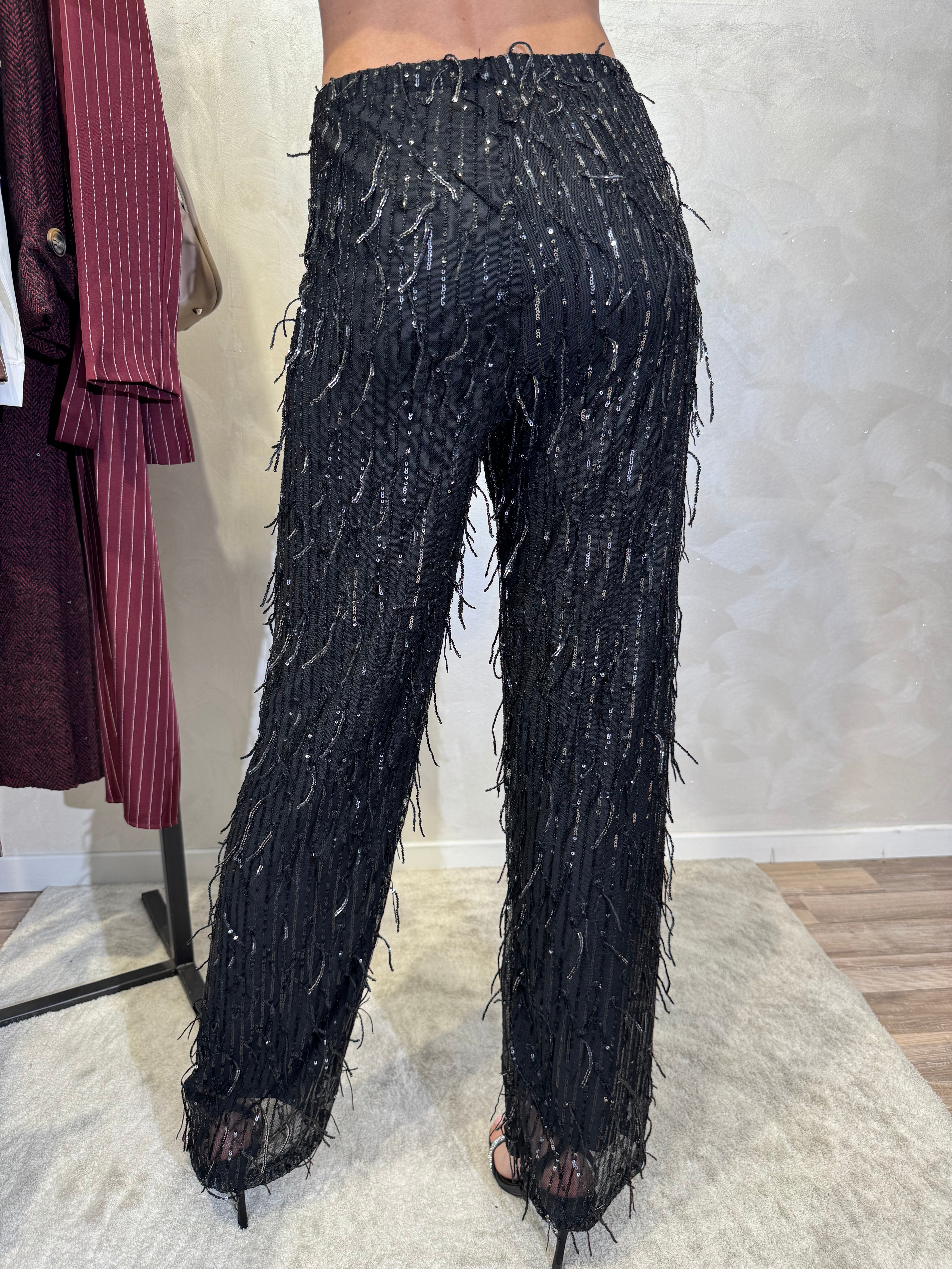 PANTALONE CON FRANGE IN PAILLETTES RICAMATE COL. NERO
