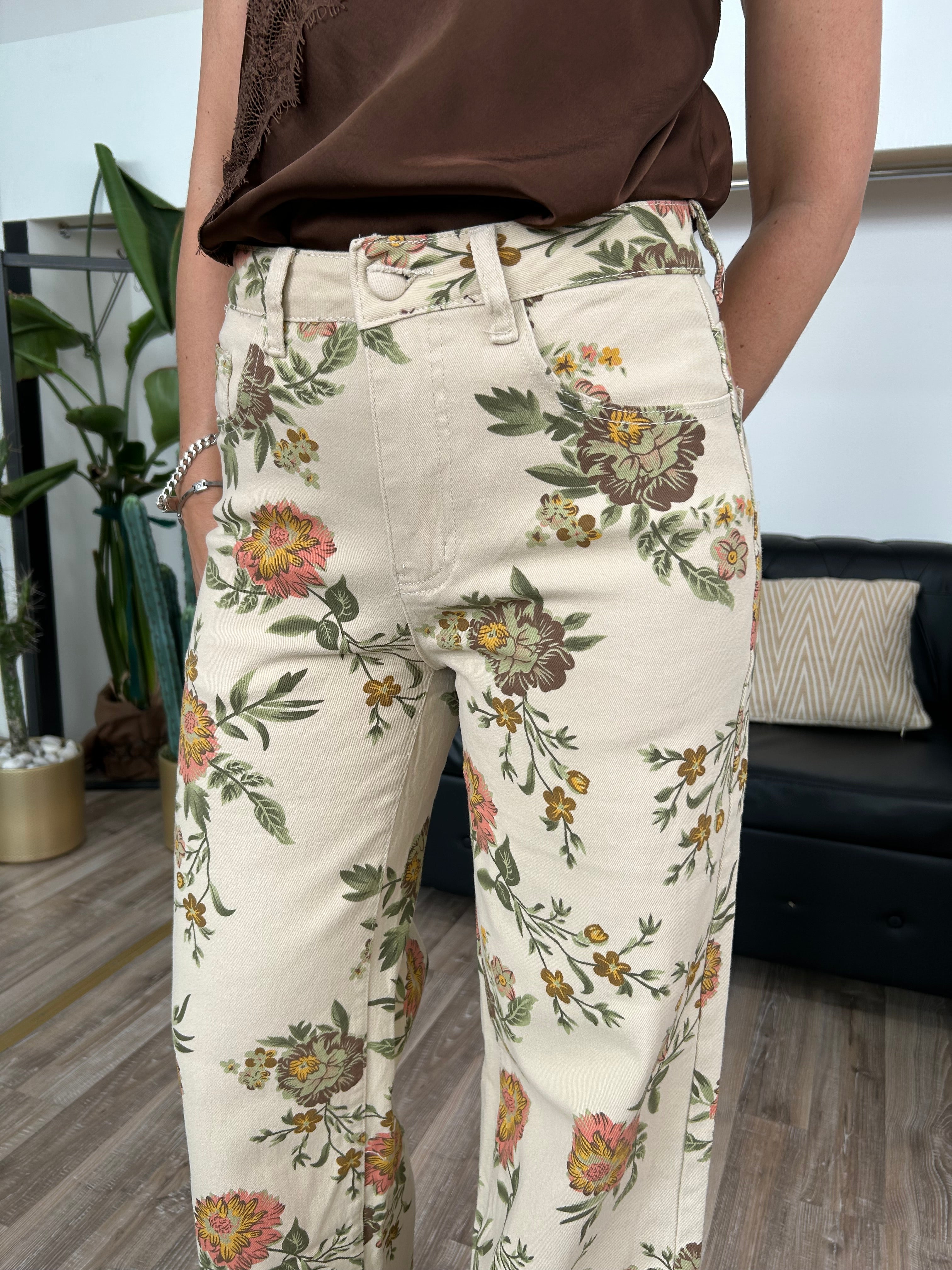 PANTALONE A PALAZZO FLOREALE SU BASE BEIGE MOD. ALESSIA