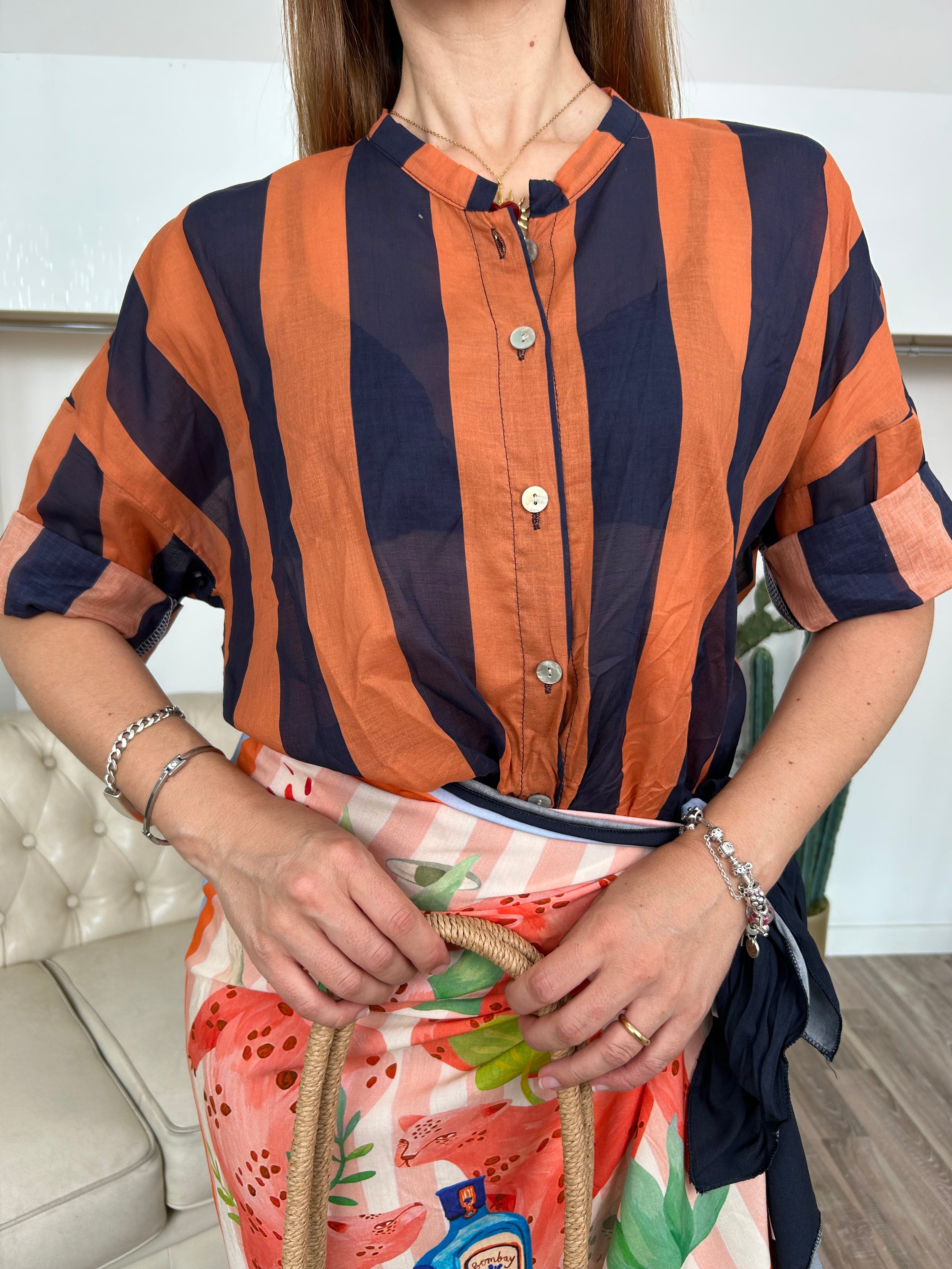 CAMICIA RIGHE GRANDI CON COLLETTO COREANO COL. BLU-COCCIO