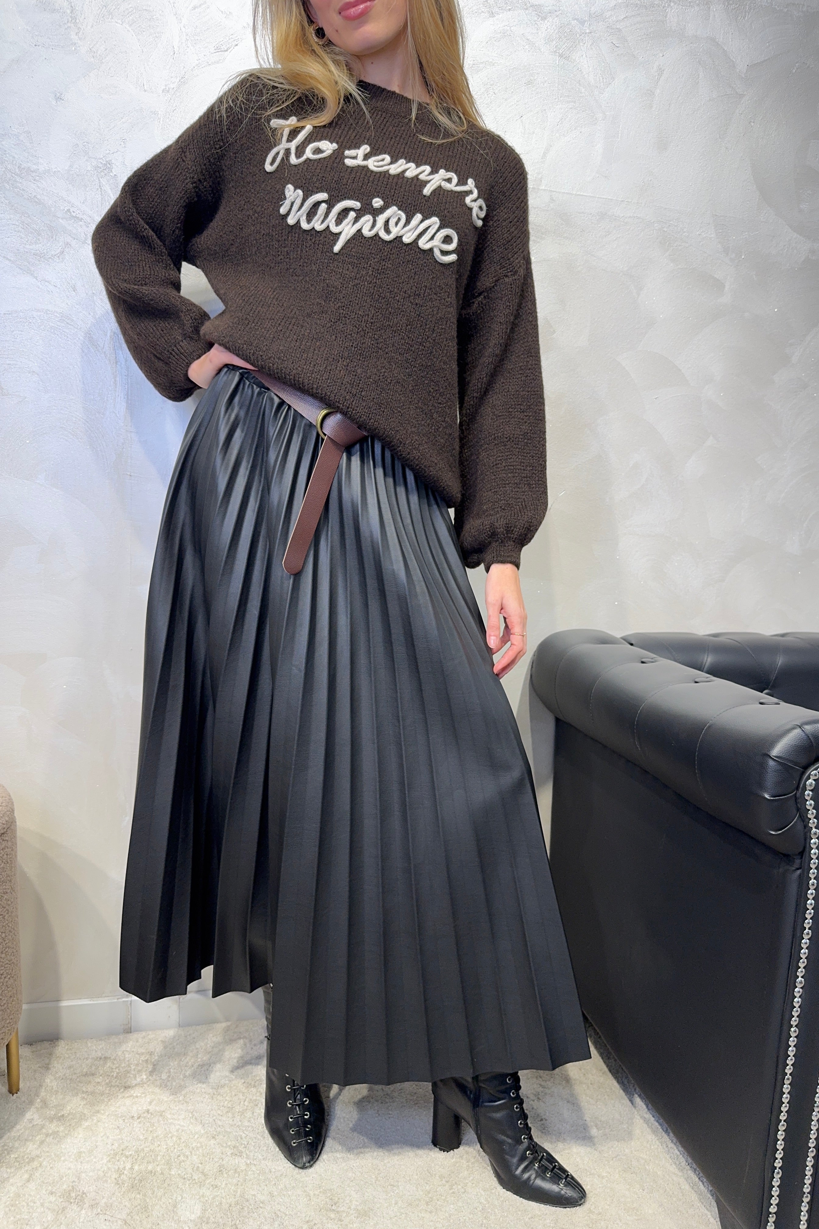 GONNA MIDI PLISSETTATA IN ECOPELLE CON CINTURA COL. NERO