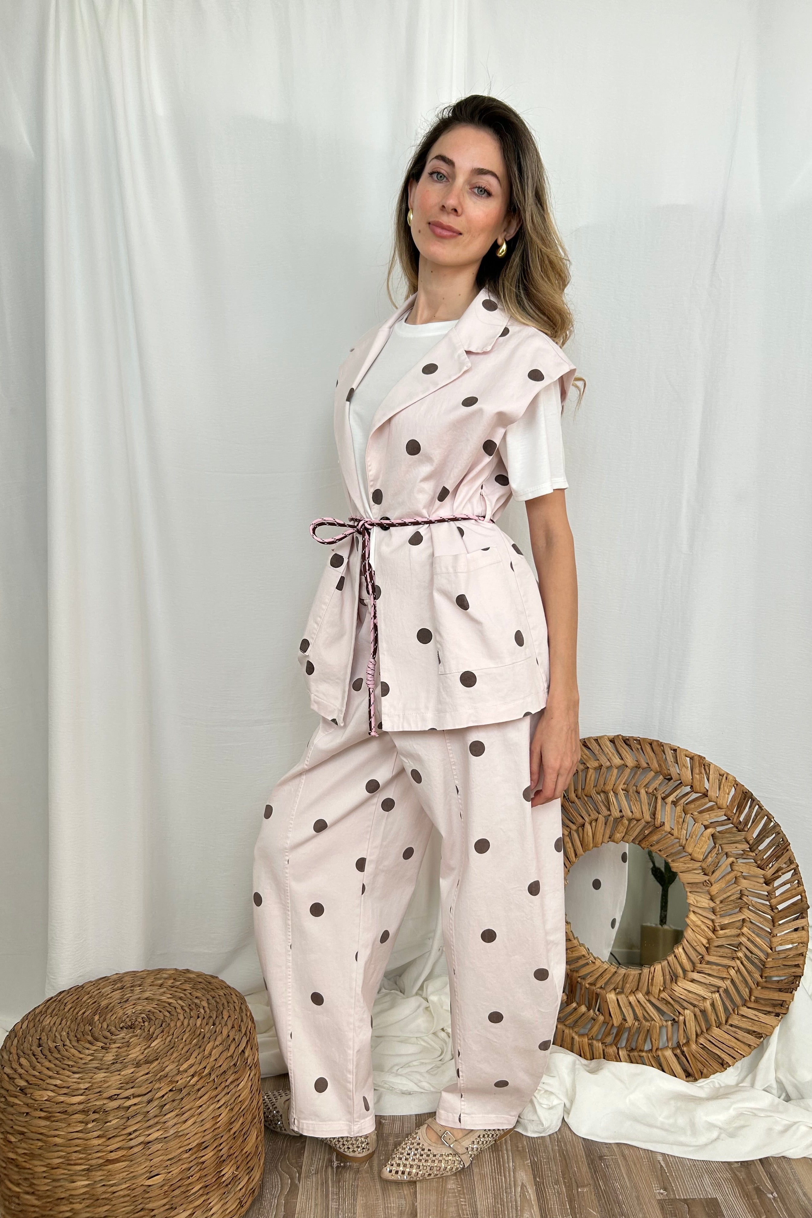 GILET GIACCA SMANICATO A POIS COL. ROSA
