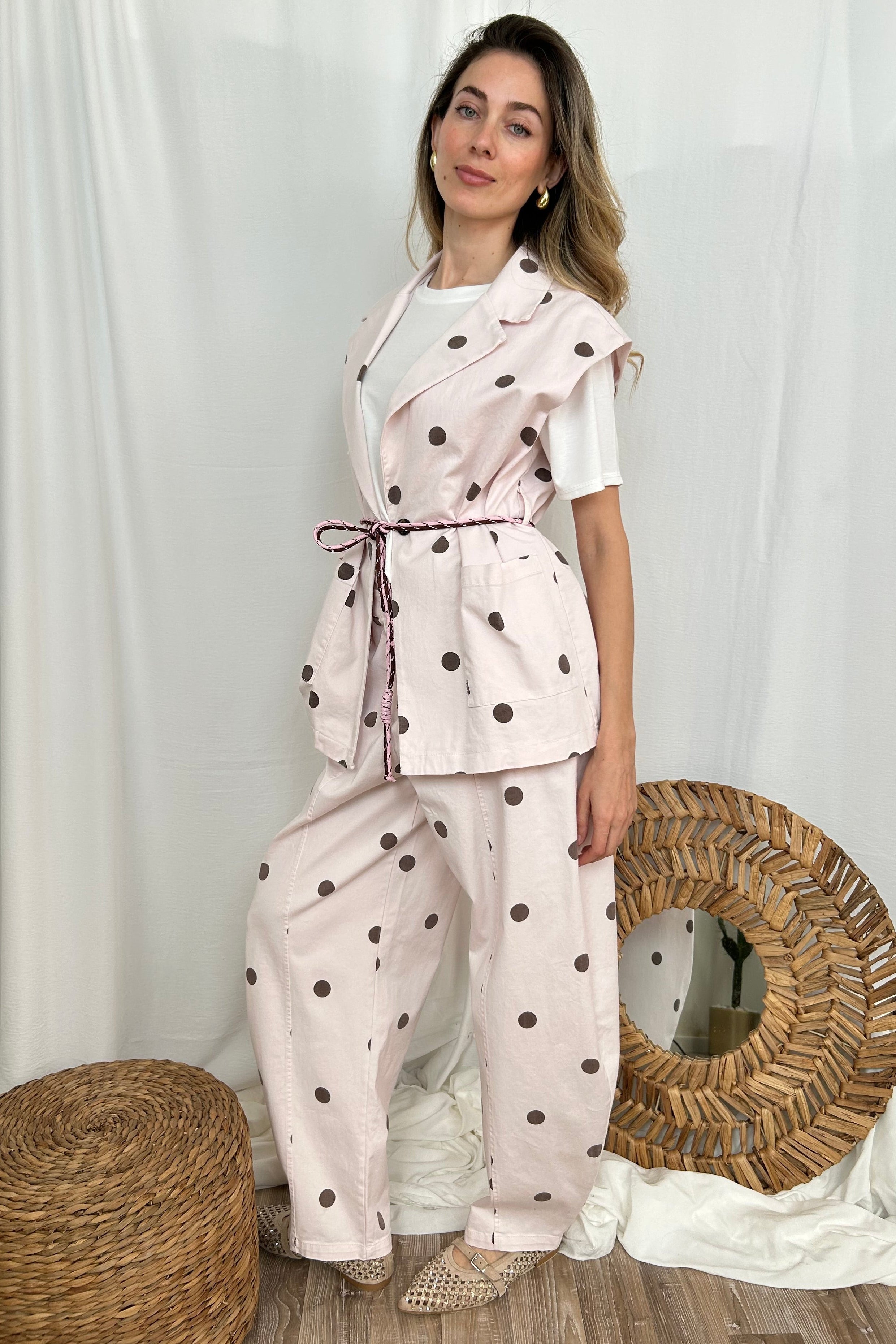 GILET GIACCA SMANICATO A POIS COL. ROSA
