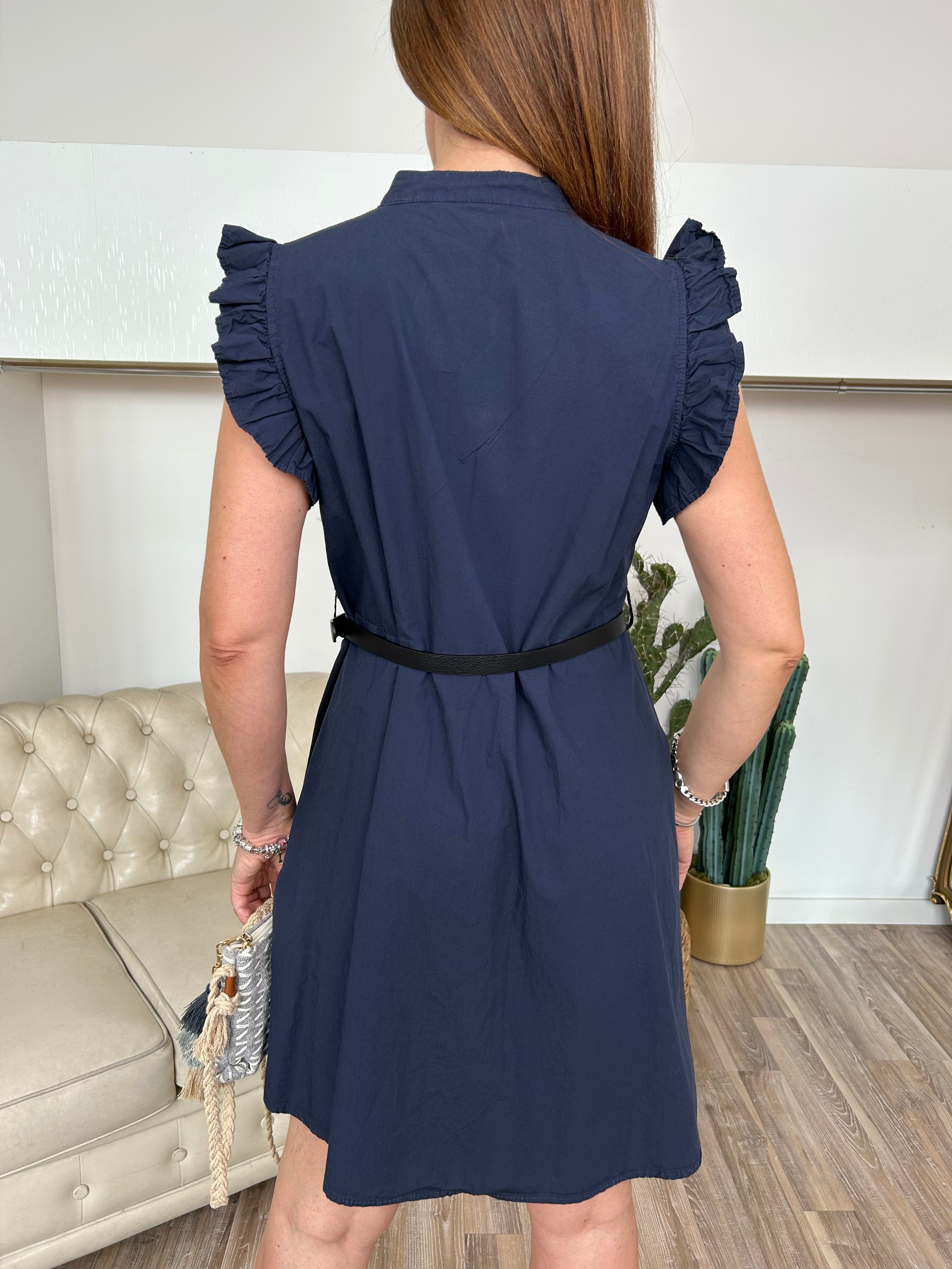 ABITINO CORTO CON VOLANT FRONTALI E INCRESPATURE SU MANICHE COL. BLU