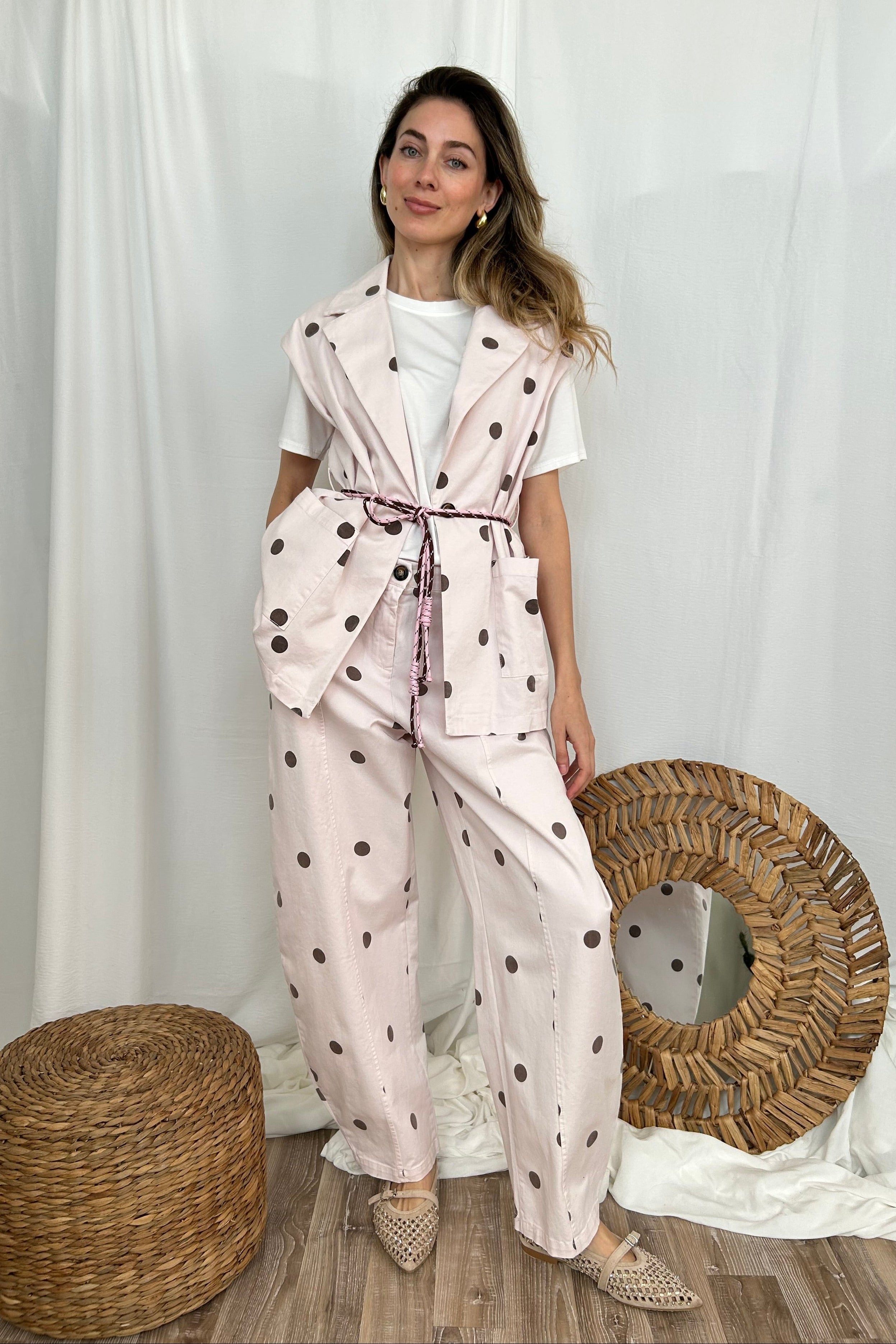 GILET GIACCA SMANICATO A POIS COL. ROSA