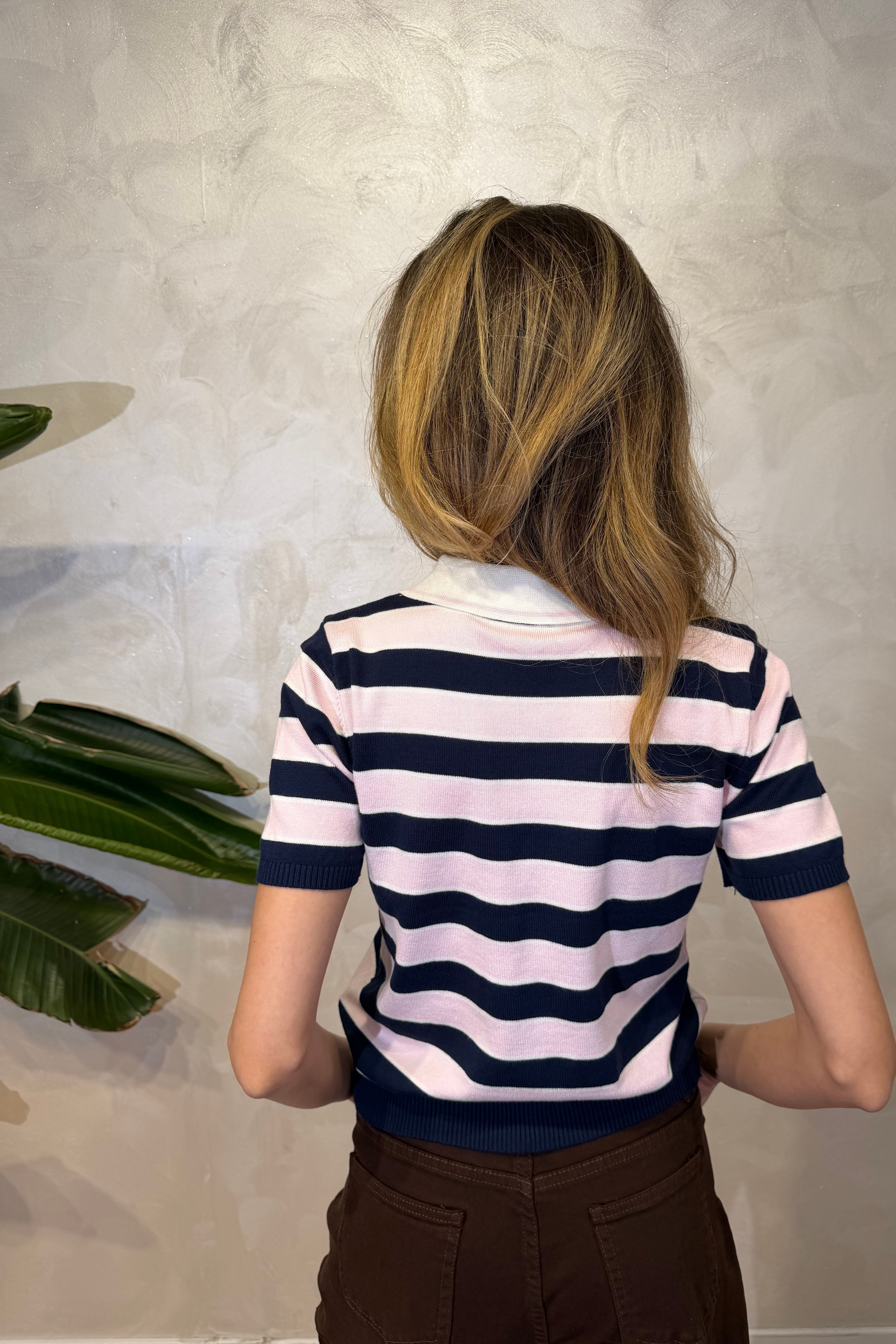 POLO IN MAGLIA RIGATA COL.ROSA