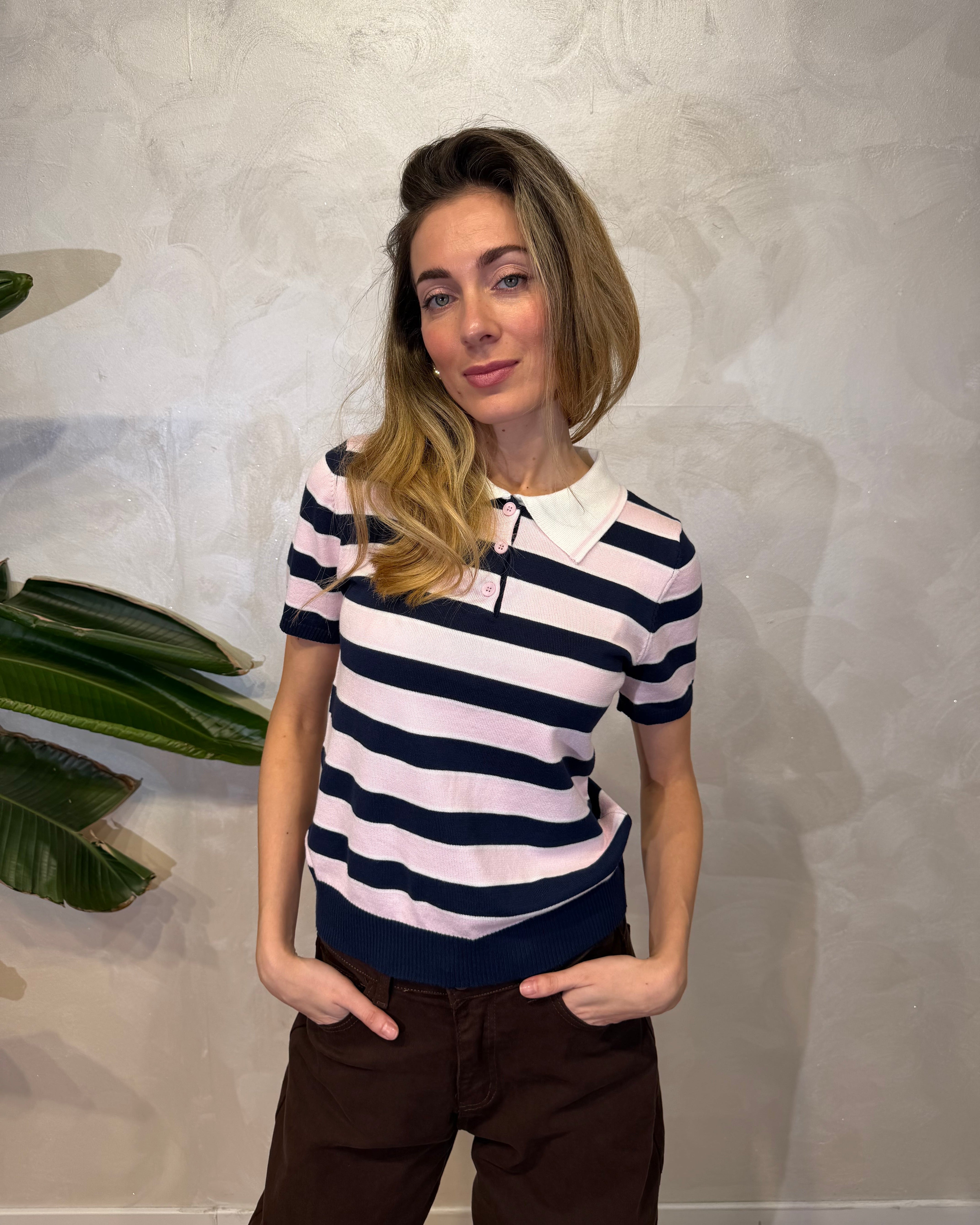 POLO IN MAGLIA RIGATA COL.ROSA
