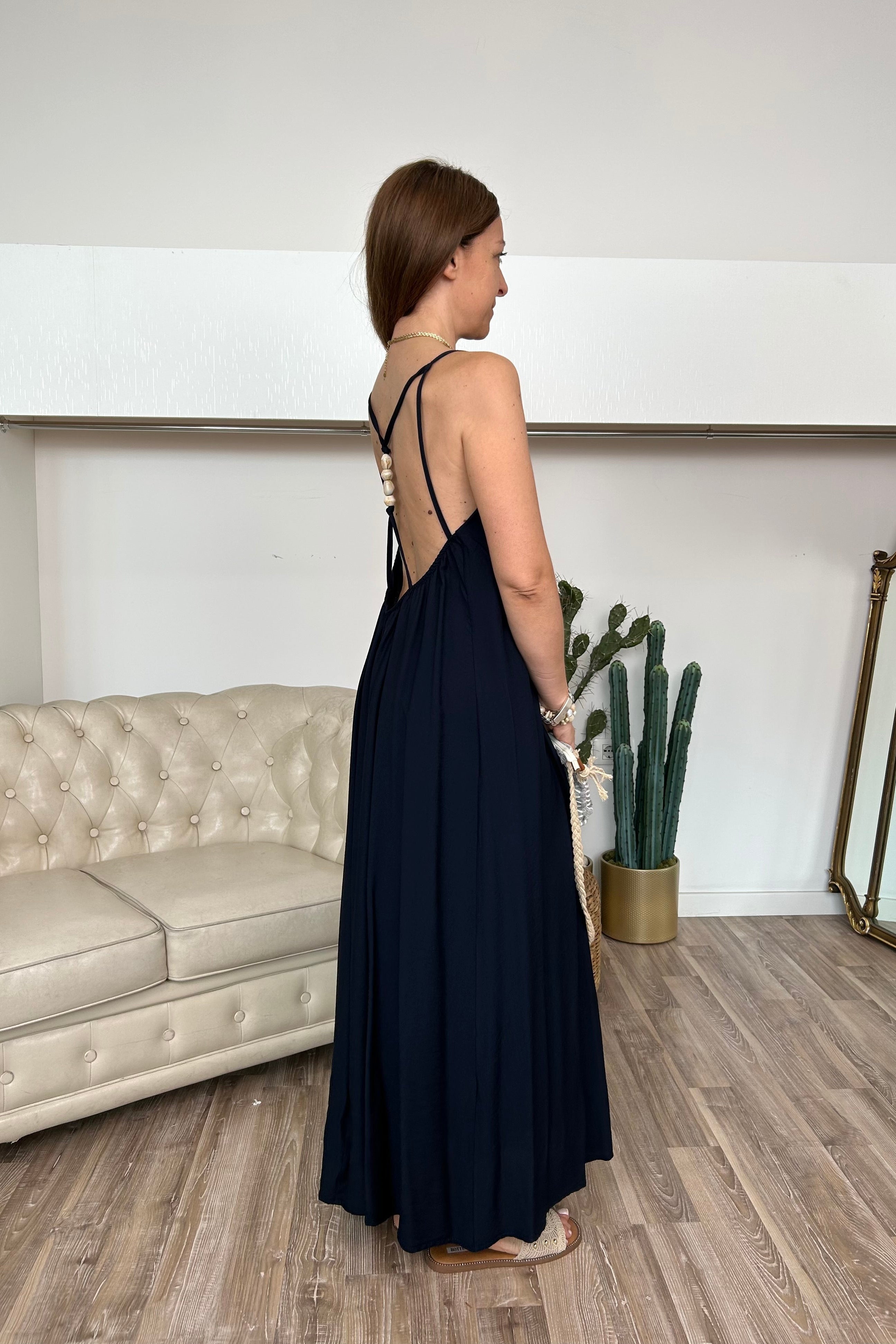 ABITO LUNGO CON SPALLINE E GENEROSA SCOLLATURA CHE LASCIA LA SCHIENA NUDA COL. BLU