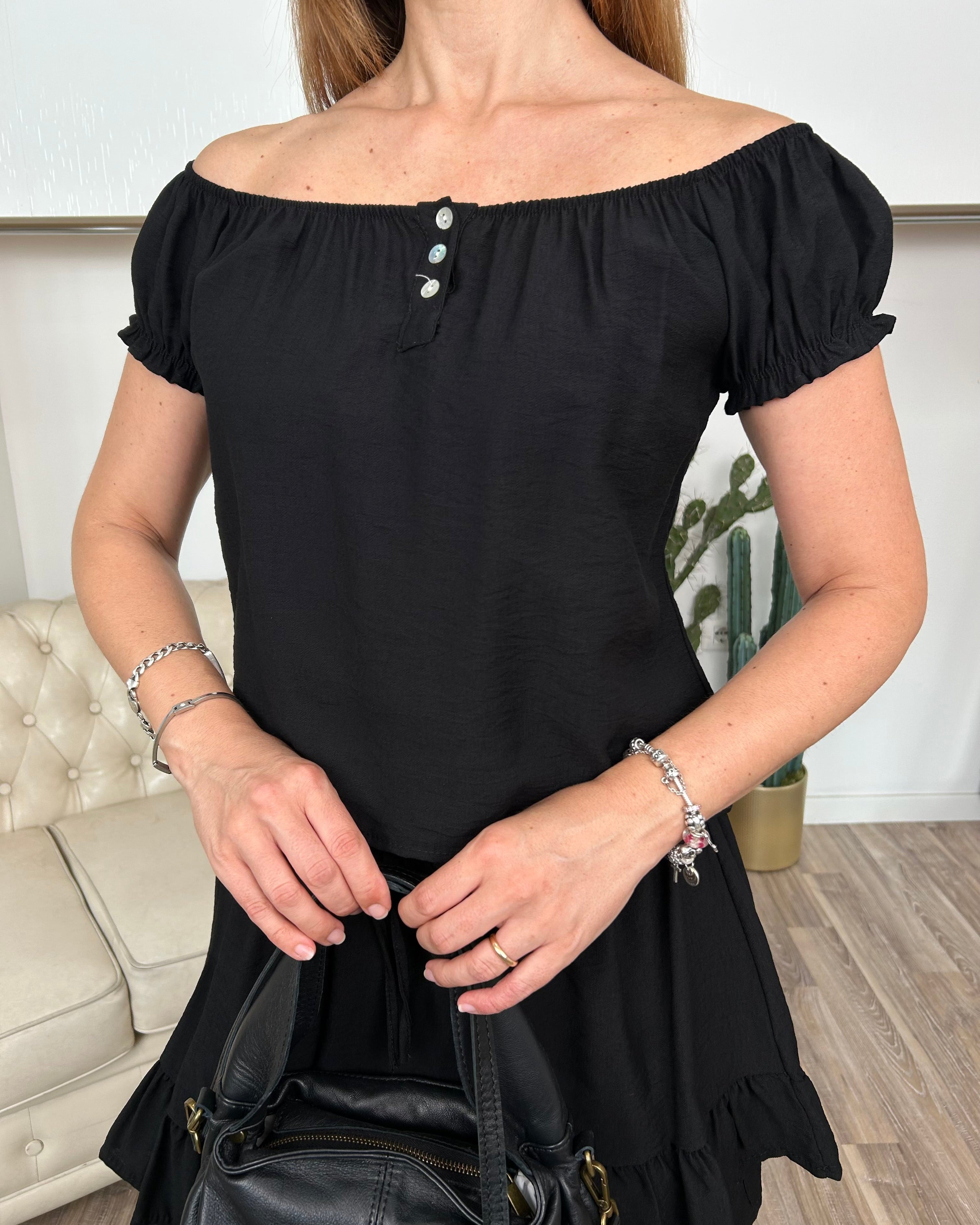 COMPLETO CON TOP OFF-SHOULDERS E GONNA PANTA COORDINATA COL. NERO