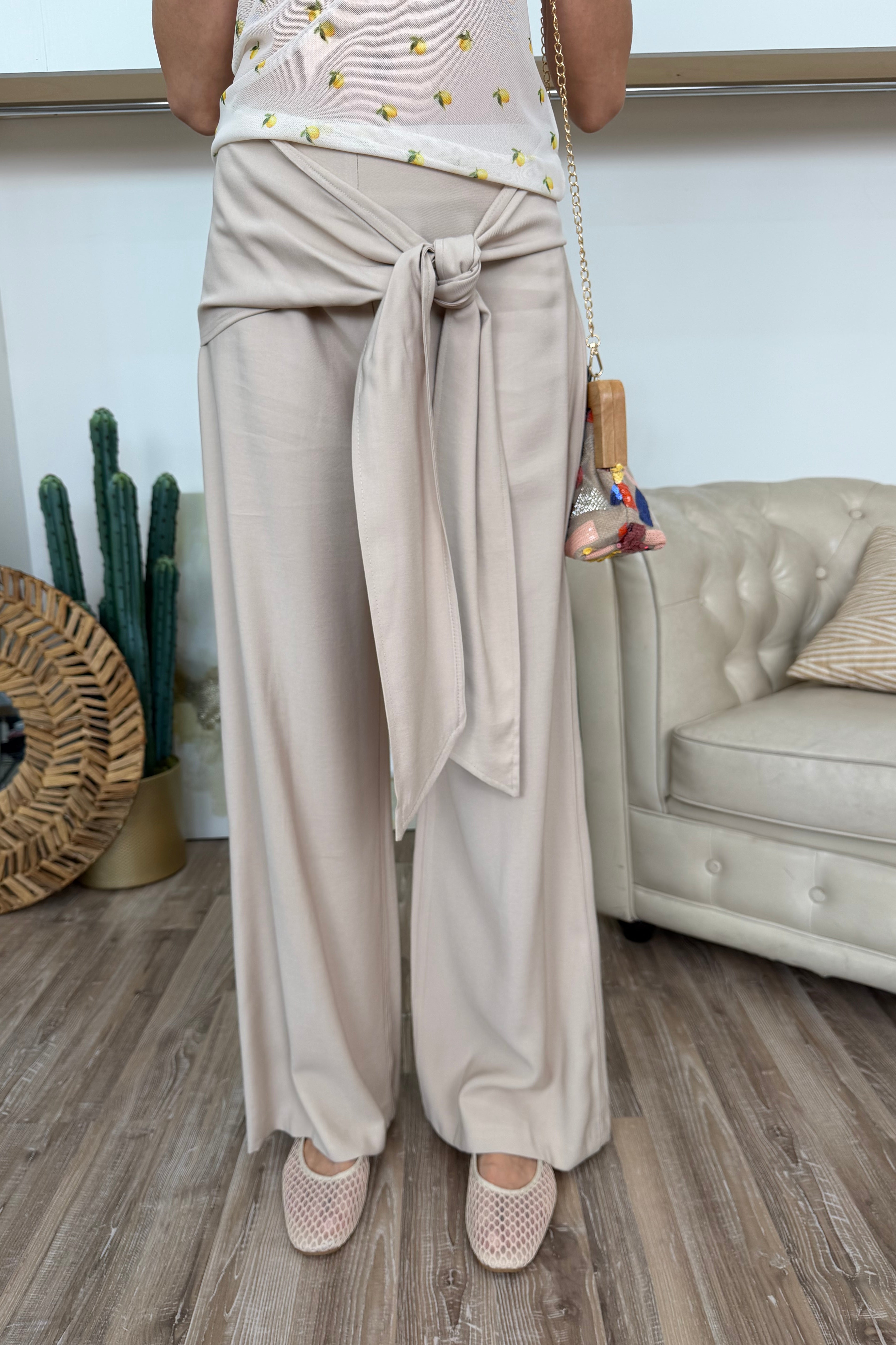 PANTALONE FLUIDO CON MAXI CINTURA A FASCIA COL. BEIGE