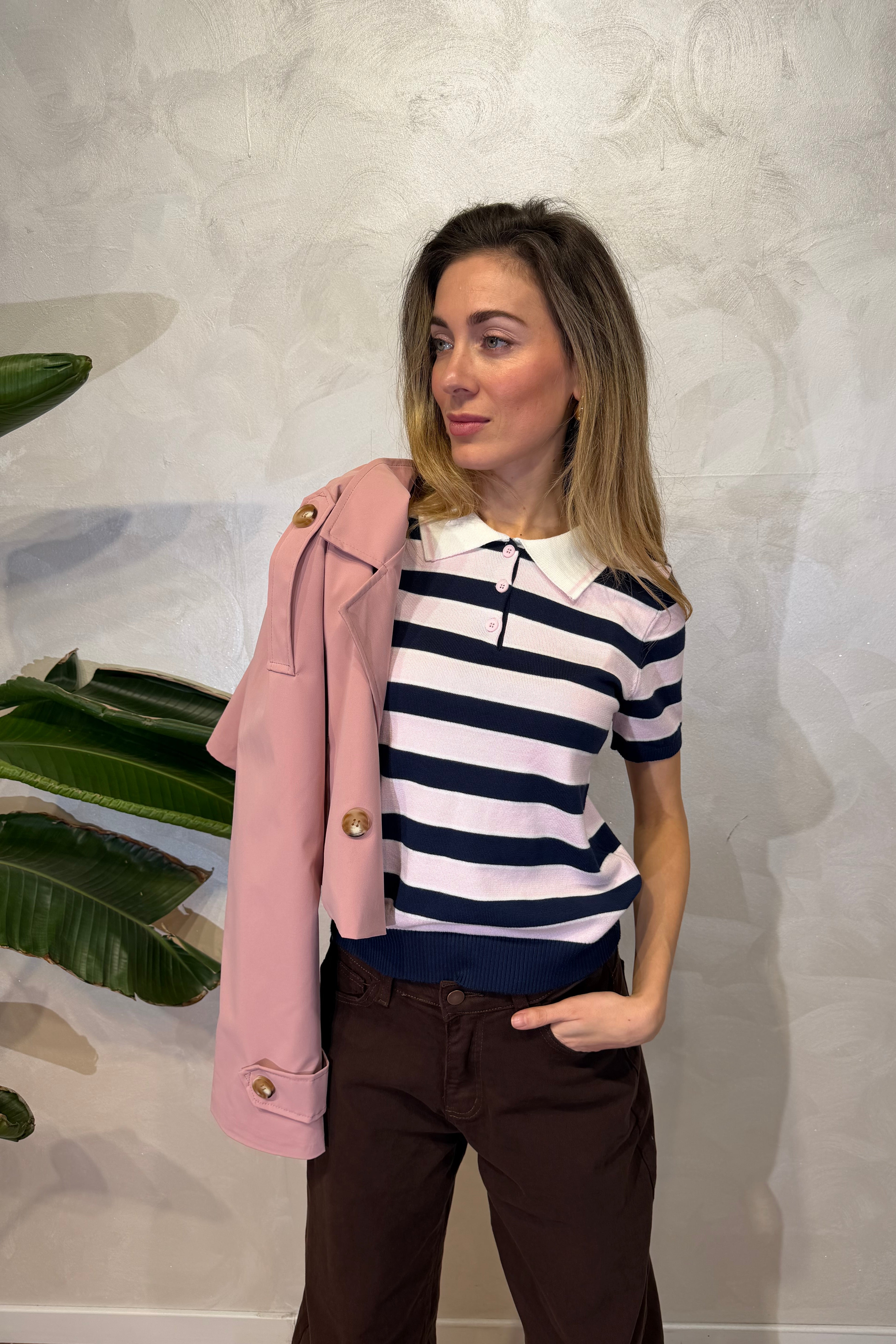 POLO IN MAGLIA RIGATA COL.ROSA