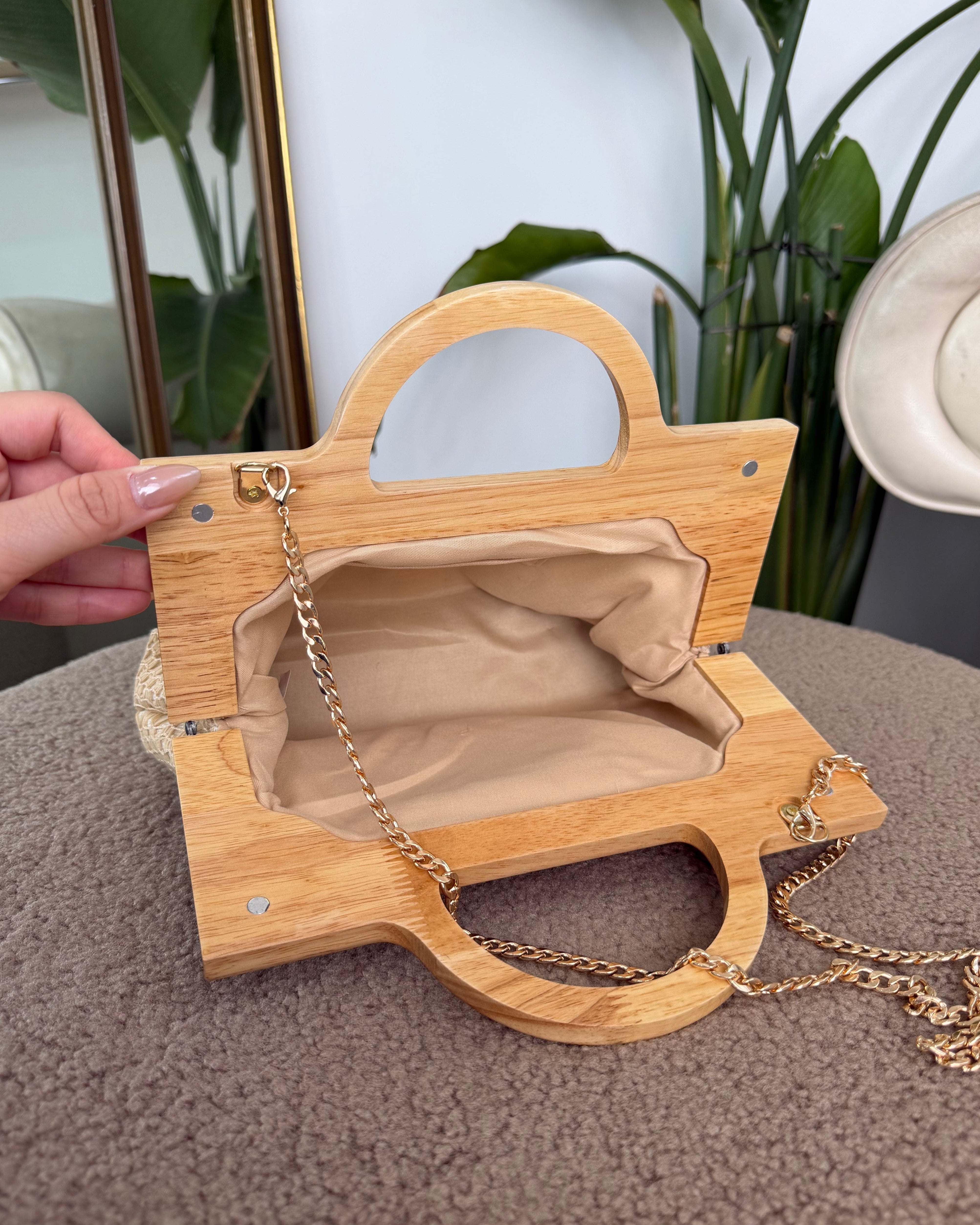 BORSA IN TESSUTO INTRECCIATO CON MANICO IN LEGNO COL. BEIGE