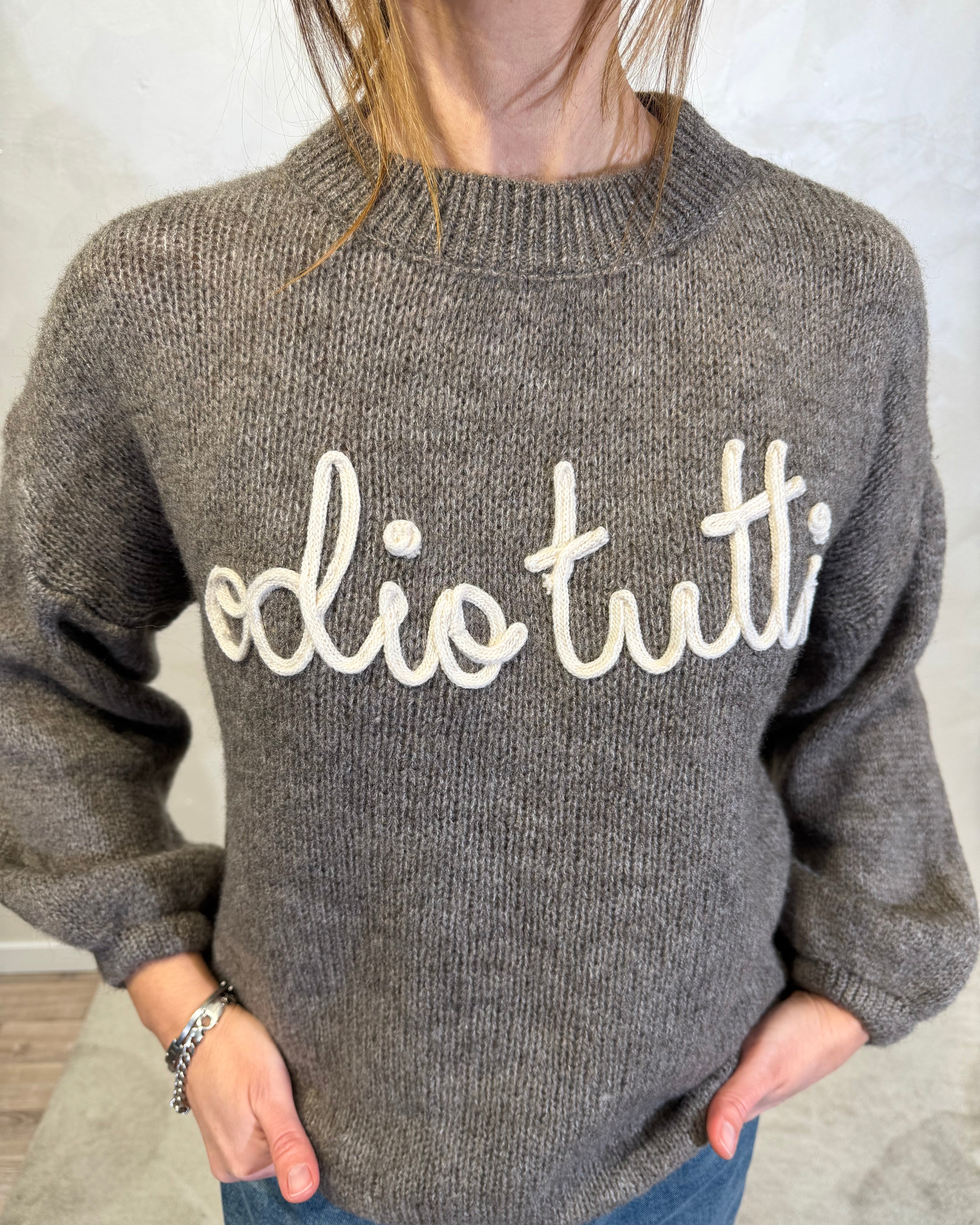 MAGLIONE CON RICAMO "ODIO TUTTI" COL. CASTORO