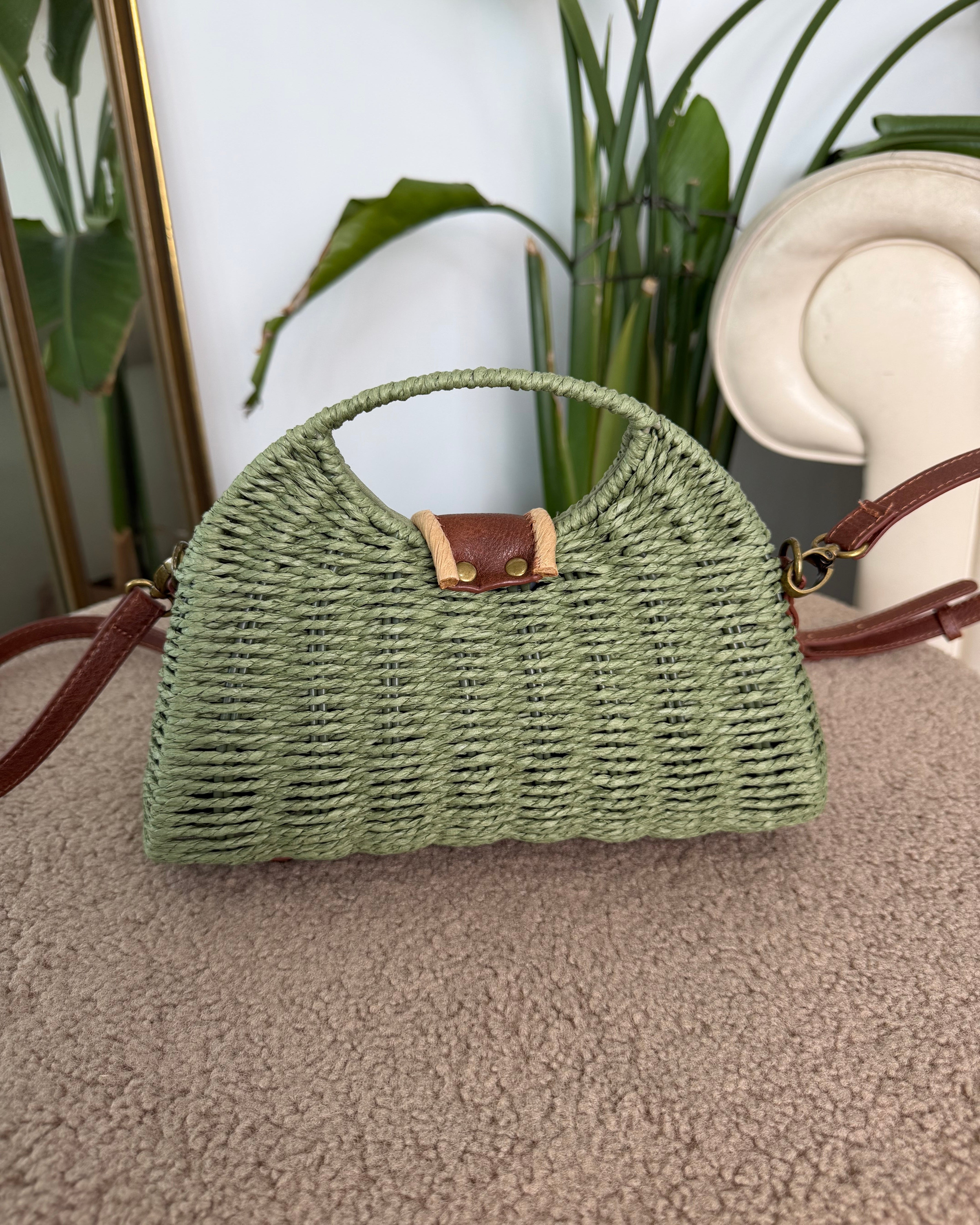 BORSA IN VIMINI CON DETTAGLI IN ECOPELLE COL. VERDE