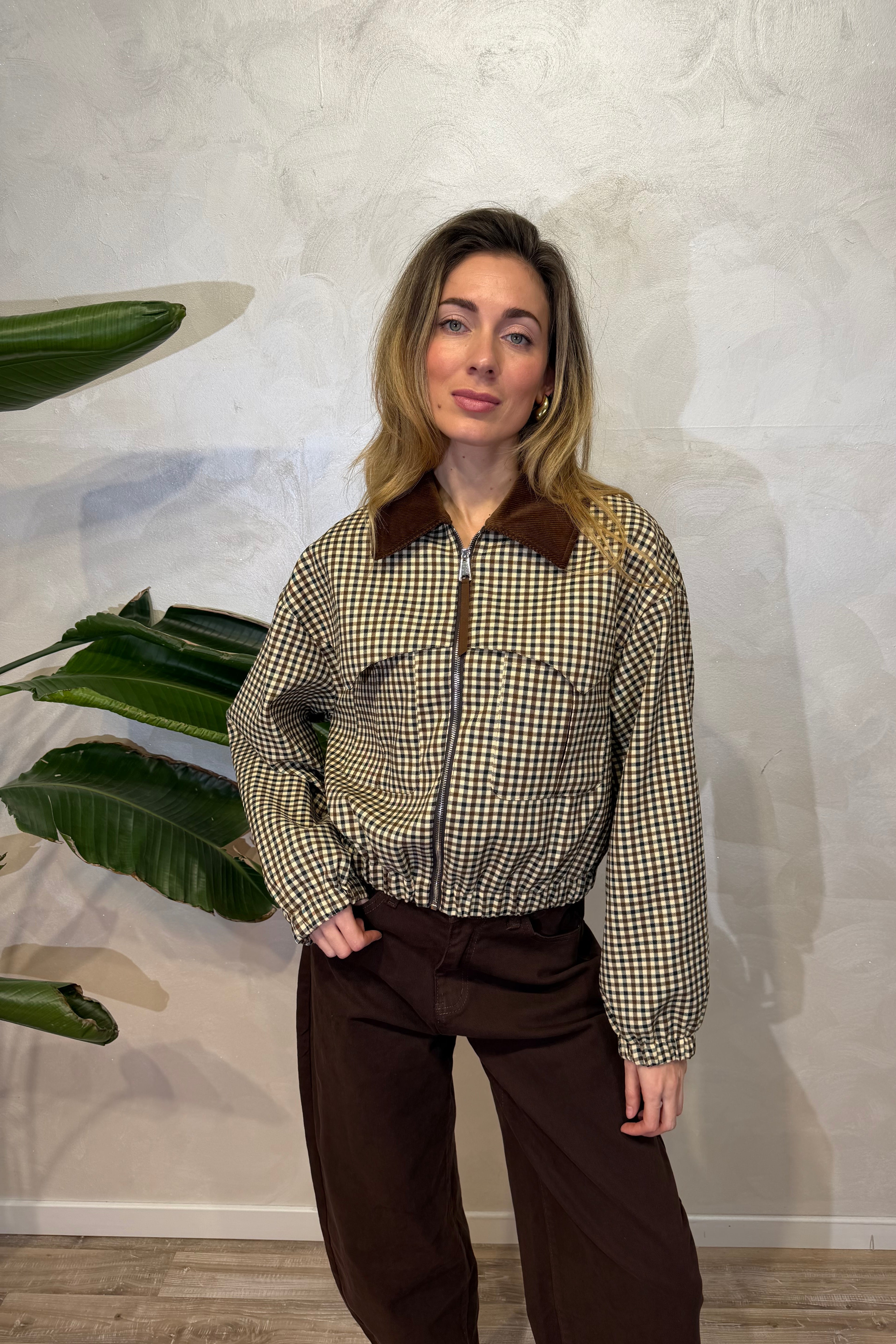 GIUBBOTTO CORTO VICHY CHECK CON COLLO IN VELLUTO COL. BURRO