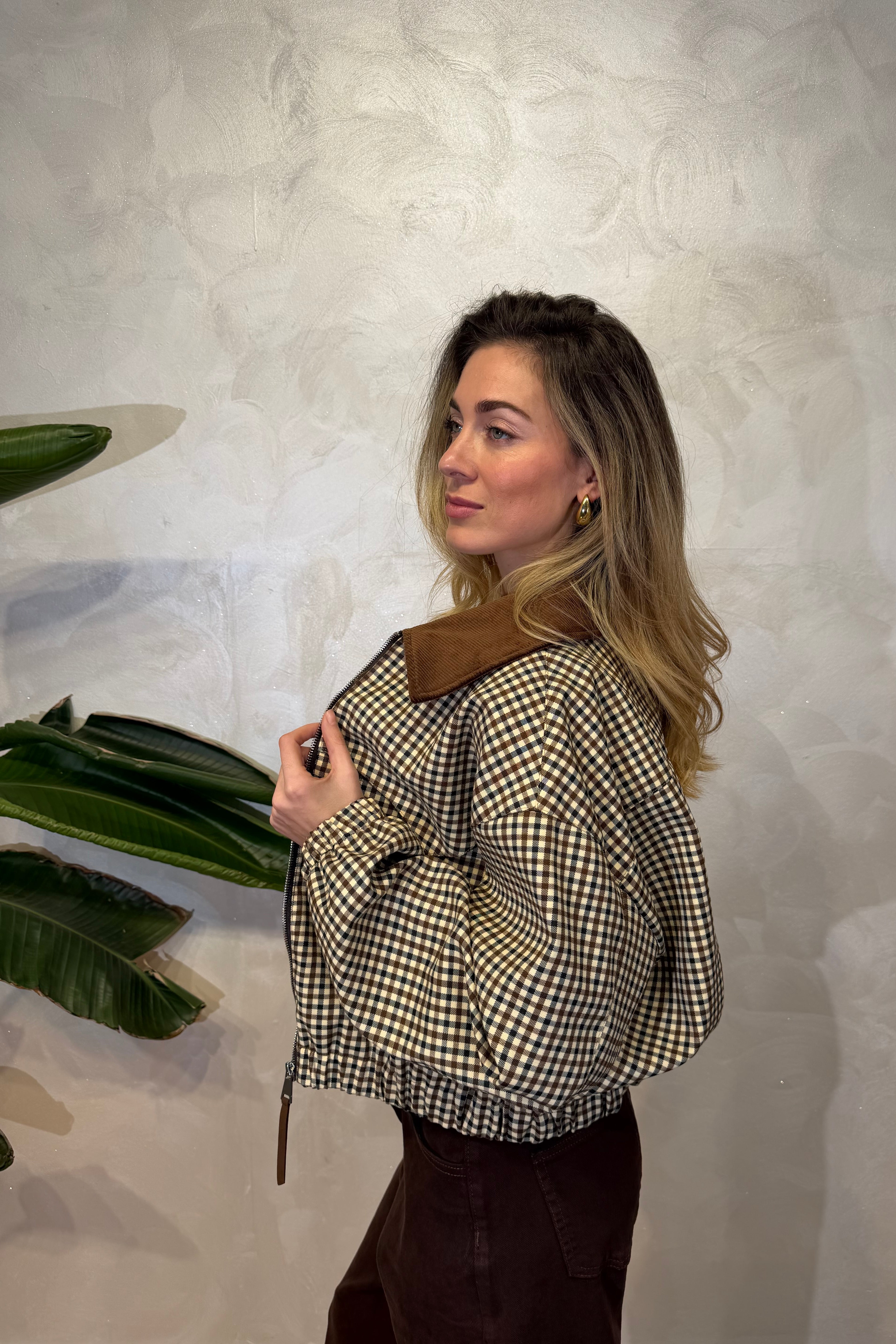 GIUBBOTTO CORTO VICHY CHECK CON COLLO IN VELLUTO COL. BURRO