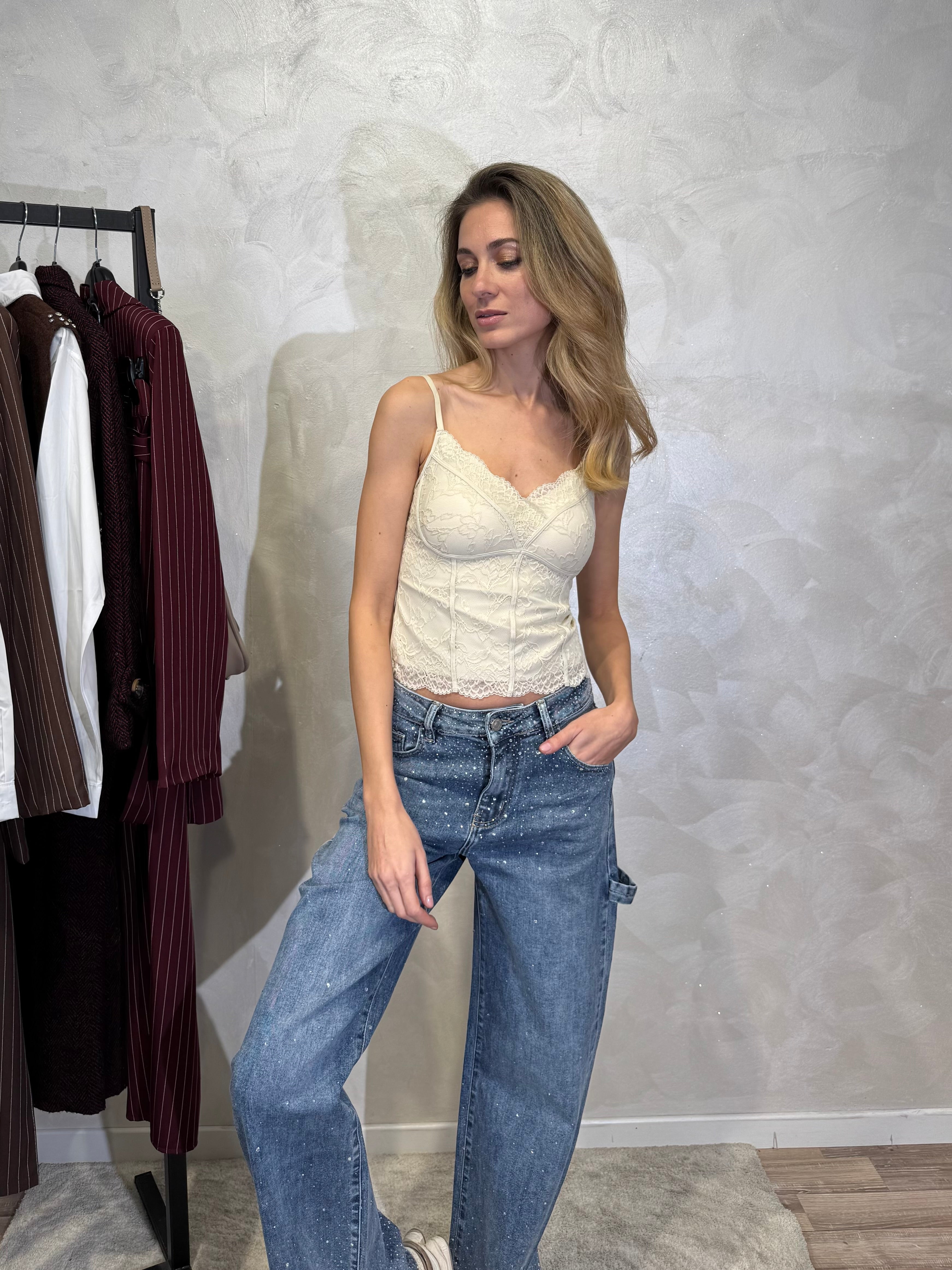 TOP IN PIZZO FLOREALE COL. BEIGE