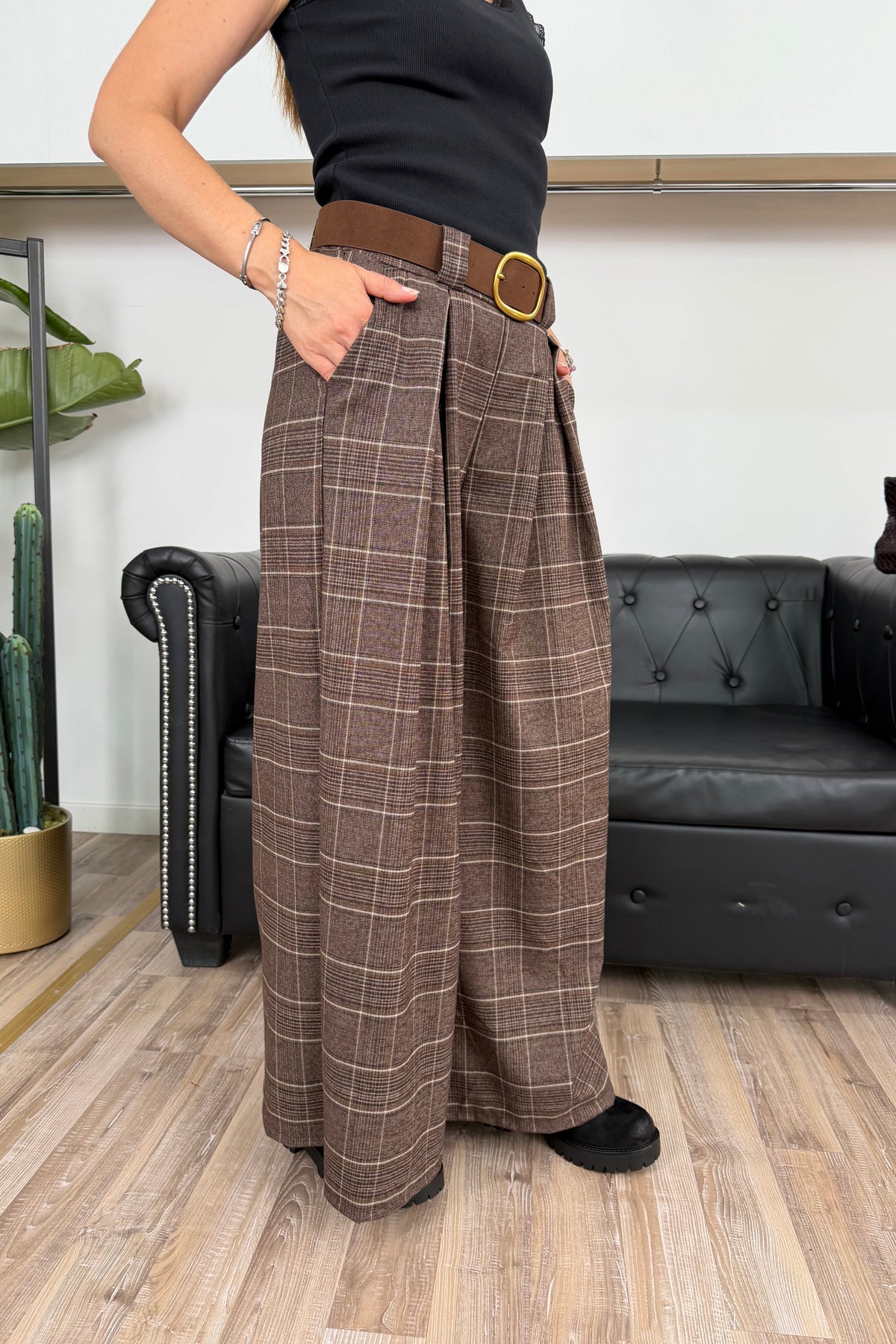 PANTALONE PALAZZO A QUADRI CON CINTURA