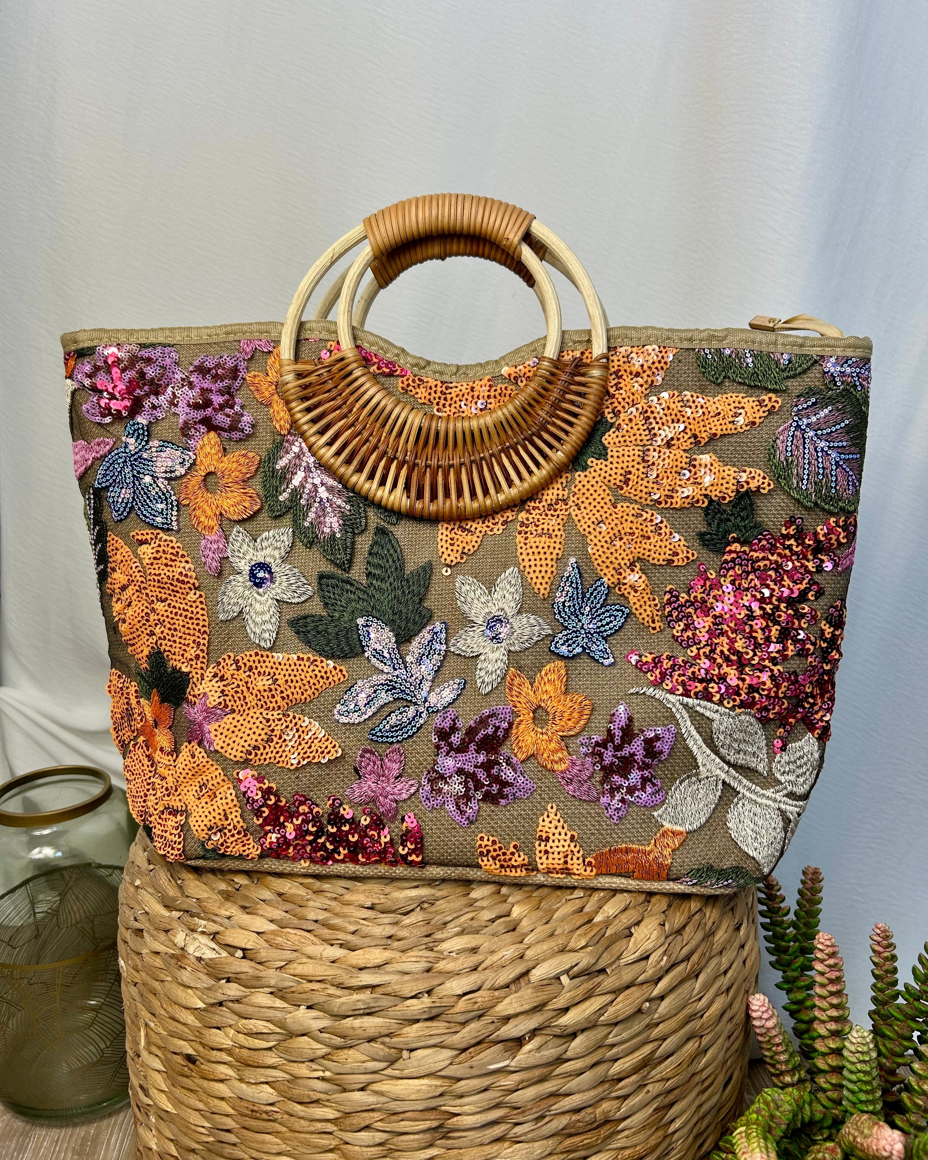 BORSA IN LINO RICAMATA E WOOD HANDLE COL. ORANGE